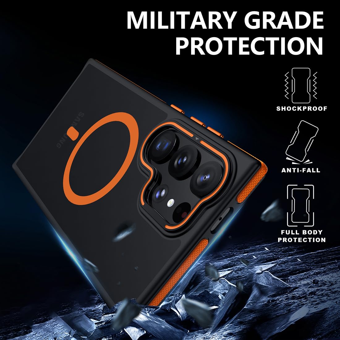 TIANNIUKE Magnetic Case for Samsung Galaxy S22 Ultra - MagSafe Compatible, Anti-Slip Grip, Military-Grade Protection with Adjustable Kickstand (Orange) - Perfect for Work, Travel & Everyday Use
