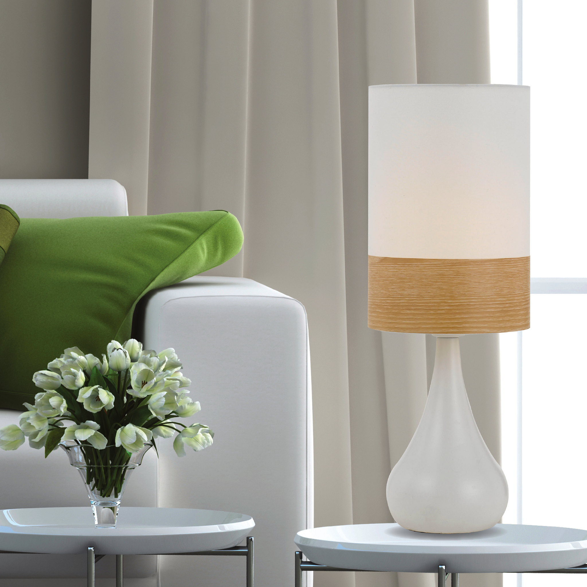 Akira Modern Table Lamp - White & Oak Wood Finish - Perfect for Bedroom, Living Room, and Office Decor