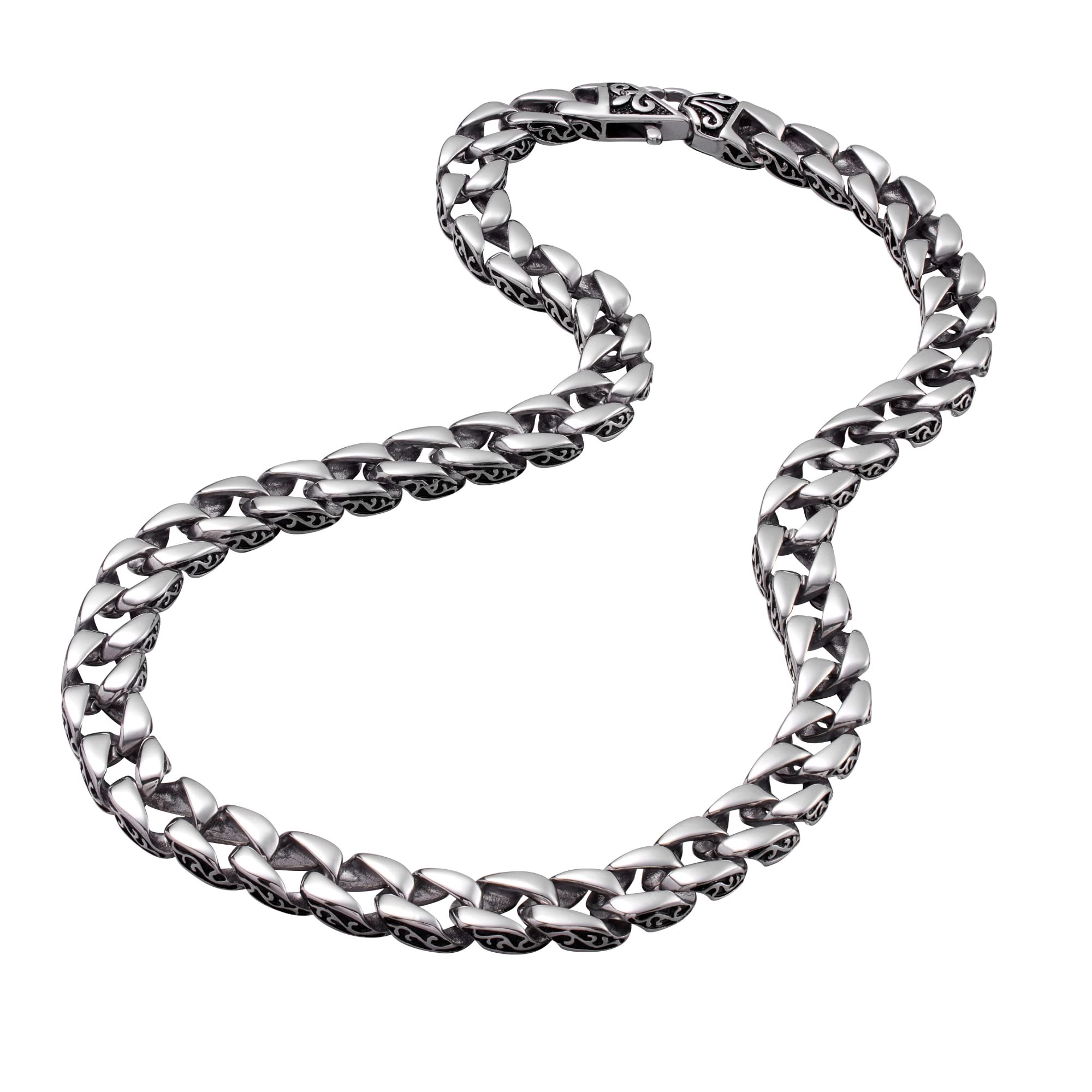 Stainless Steel Men's Link Bracelet & Necklace Set - Silver & Black 9
