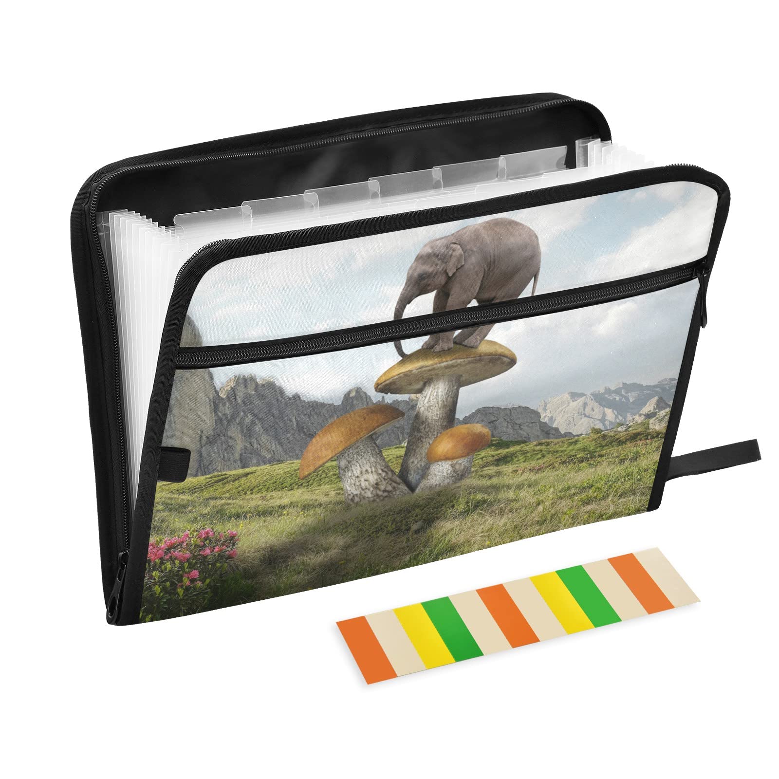 UMIRIKO Elephant Mushroom Grassland 13-Pocket Expanding File Folder with Sticky Labels - A4 Letter Size Accordion Document Organizer, Zip File Folder for Office, School, Home Organization (20220681) - Perfect for Bills, Receipts, Photos and Important Paperwork Storage