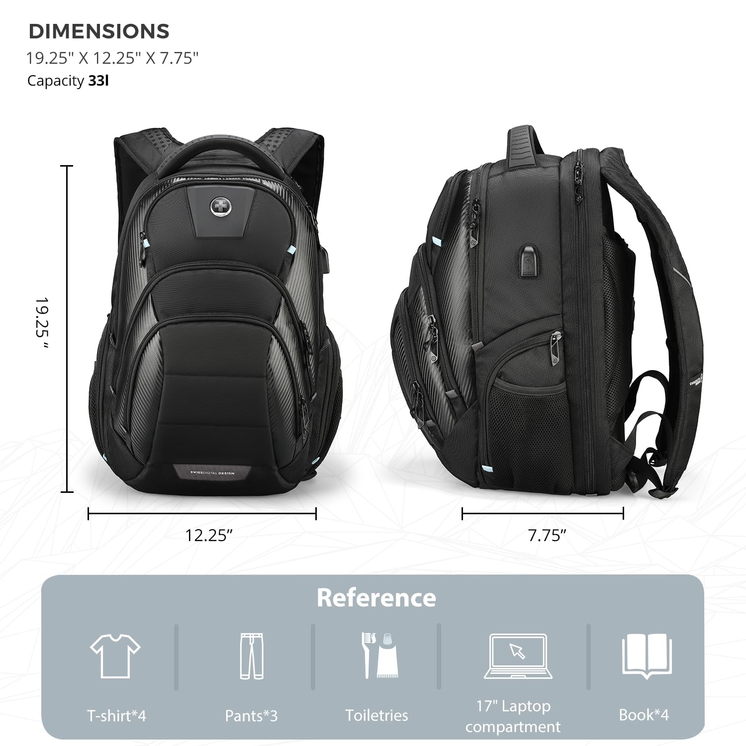 Swissdigital Men's Laptop Backpack for Business & College - Large Capacity Travel Backpack with USB Charging Port & Apple Find My Support - Perfect for Work Commute, Business Trips & Campus Use