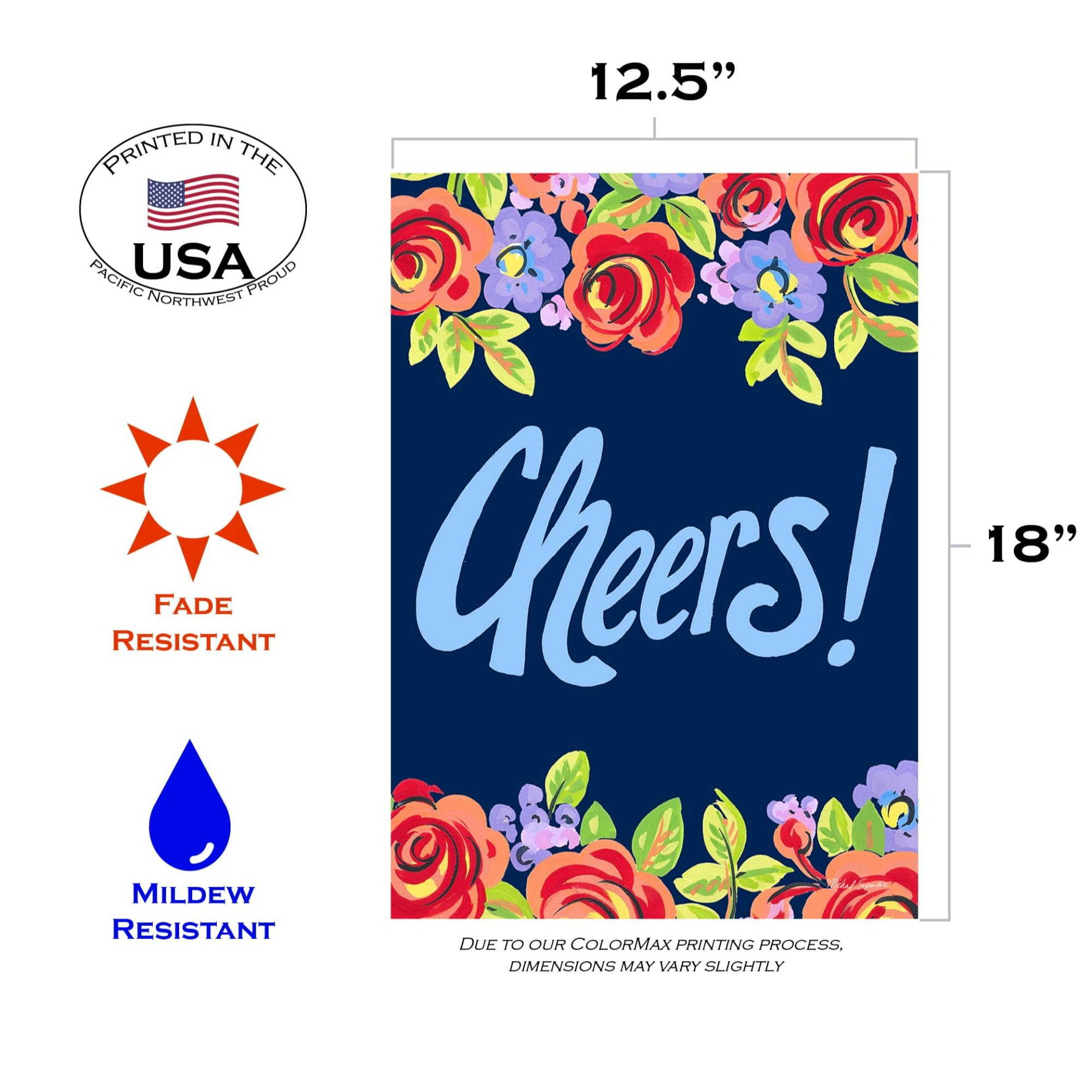 Toland Home Garden 12x18 Inch Double Sided Blue Floral Cheers Outdoor Garden Flag - Weather-Resistant Yard Decoration for Porch, Lawn & House Flower Beds