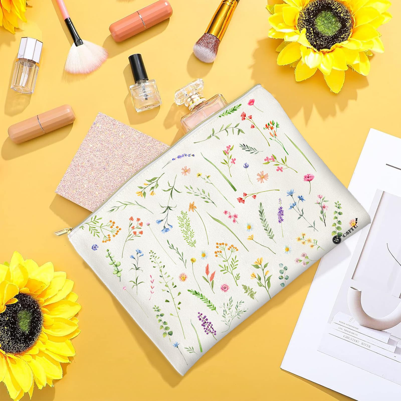 Floral Makeup Bag for Women - Aesthetic Flower Canvas Cosmetic Pouch with Zipper | Small Travel Toiletry Organizer | Perfect Gift for Her, Wildflowers Design | Great for Daily Use, Travel, and Makeup Storage