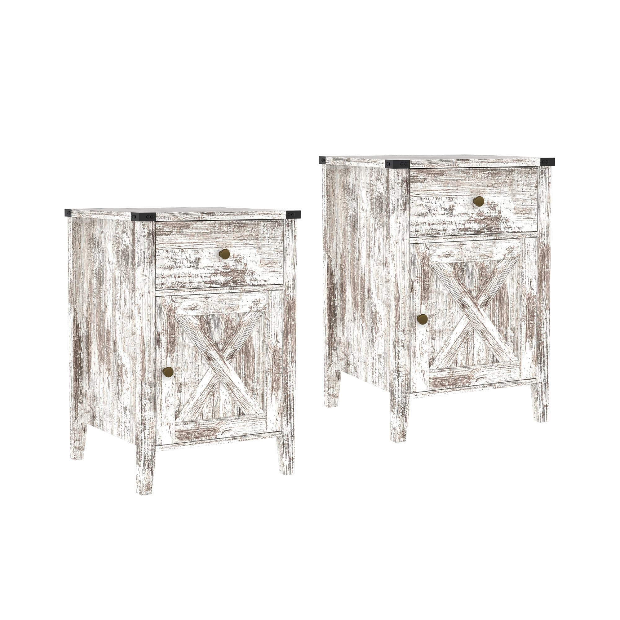 Rustic Barnwood Nightstand Set of 2 - Farmhouse Side Tables with Barn Door & Drawers - Weathered Oak Style Bedroom End Tables in Grey Wash White (No USB Charging) - Perfect for Master Bedroom, Guest Room or Cabin Decor