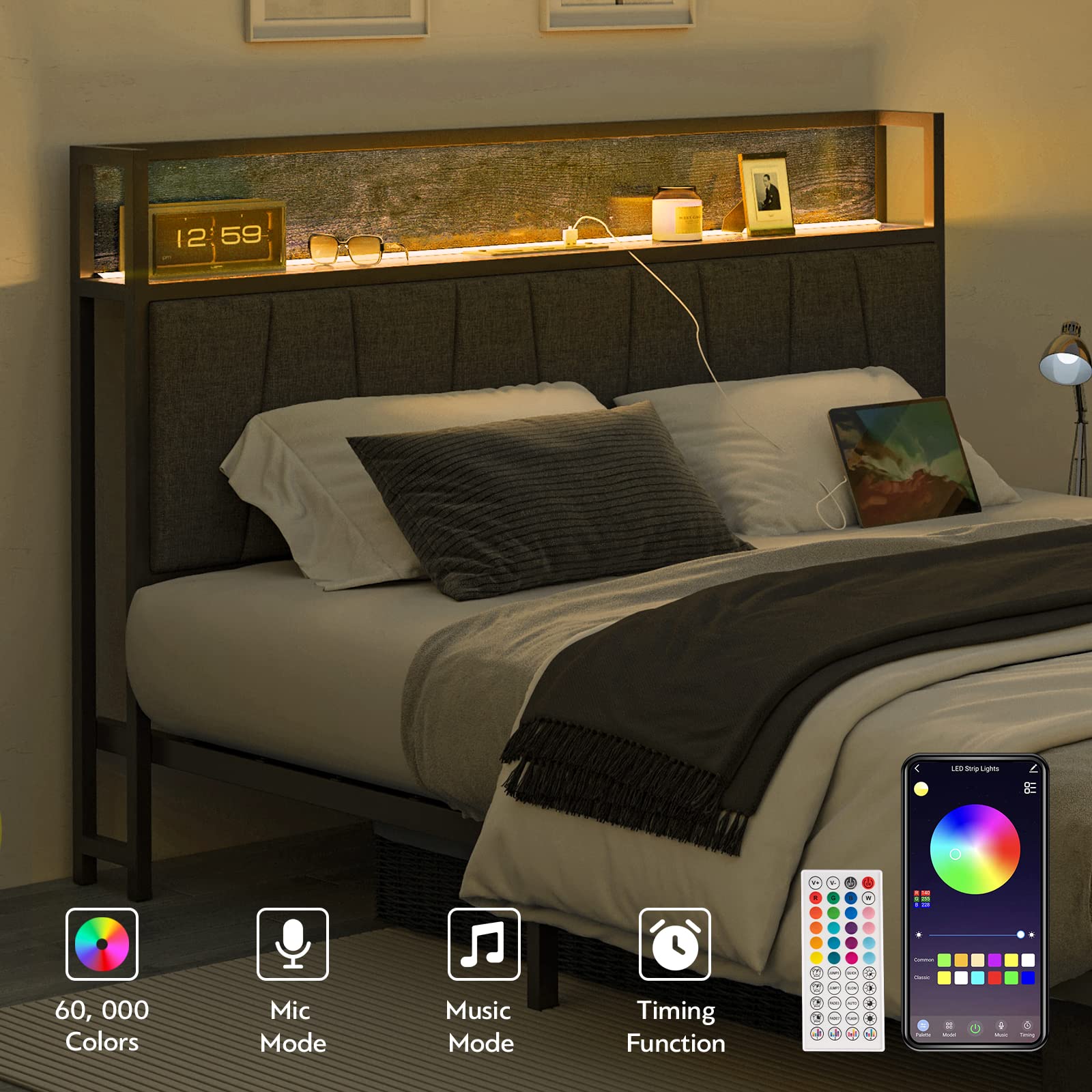 Queen Size Bed Frame with Headboard & Storage Drawers - Heavy Duty Platform Bed with USB Charging Station & LED Lights - No Box Spring Needed - Perfect for Master Bedrooms, Guest Rooms & Small Spaces