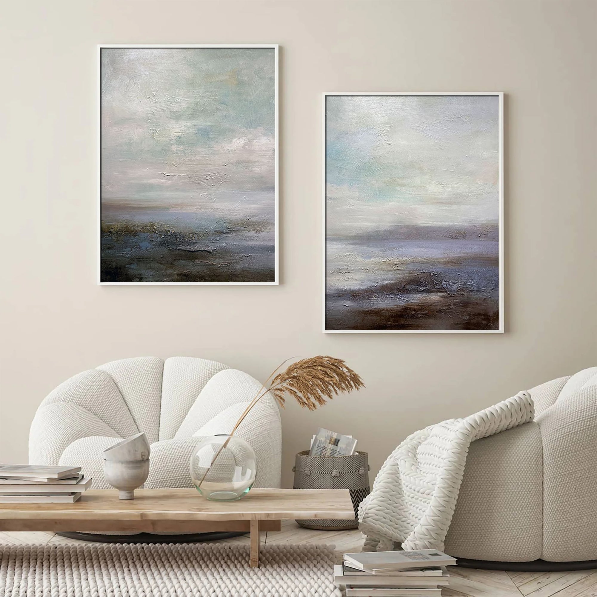 Ocean and Sky Painting Set of 2 - Handmade Wall Art for Living Room & Bedroom Decor - Coastal Themed Canvas Prints for Home Office