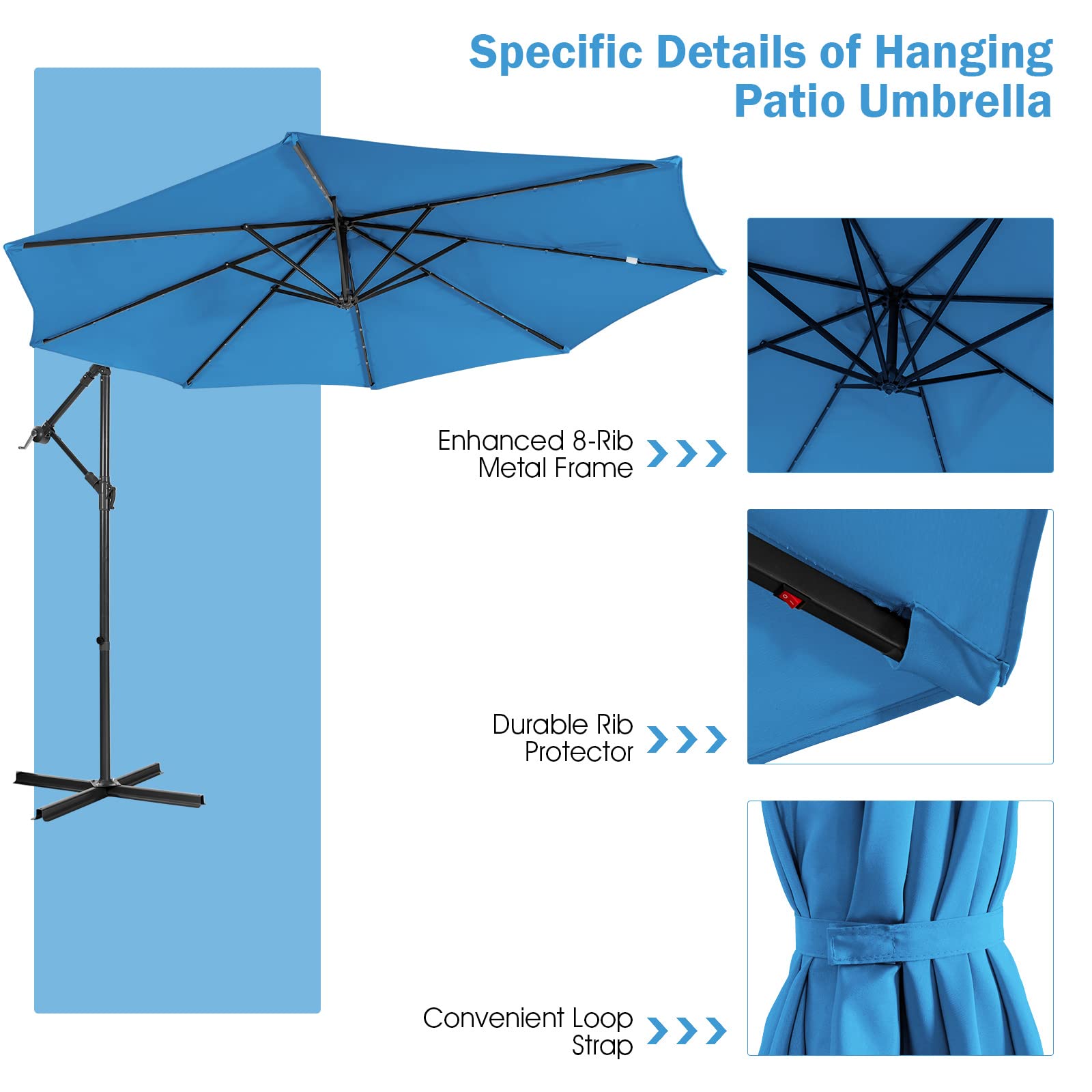 Giantex 10 Ft Solar Powered LED Patio Umbrella with 8 Ribs & Tilting Adjustment - Heavy Duty Cantilever Offset Umbrella for Pool, Garden, and Outdoor Relaxation