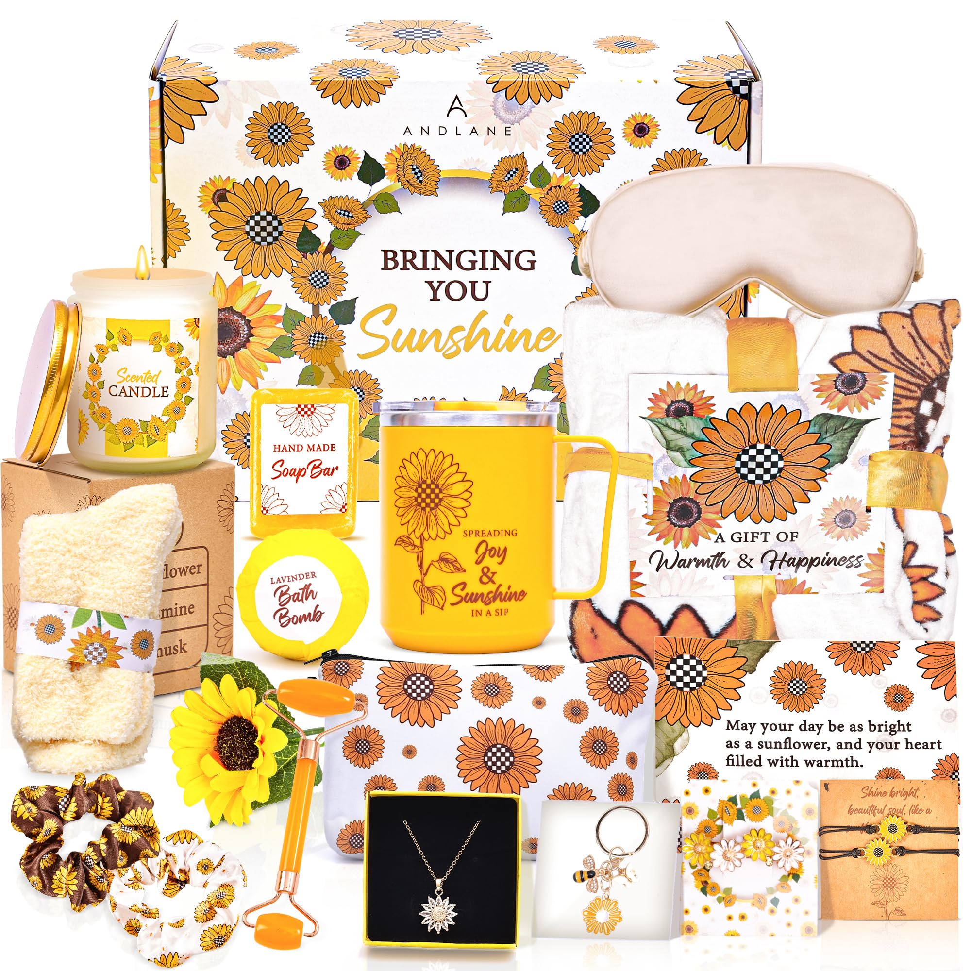 18Pcs Sunflower Gift Set for Women - Unique Birthday Gifts Basket for Best Friend, Sister & Loved Ones - Sunshine Care Package with Get Well Soon & Thinking of You Notes - Perfect for Housewarming, Friendship Day & Cheer Up Gifts