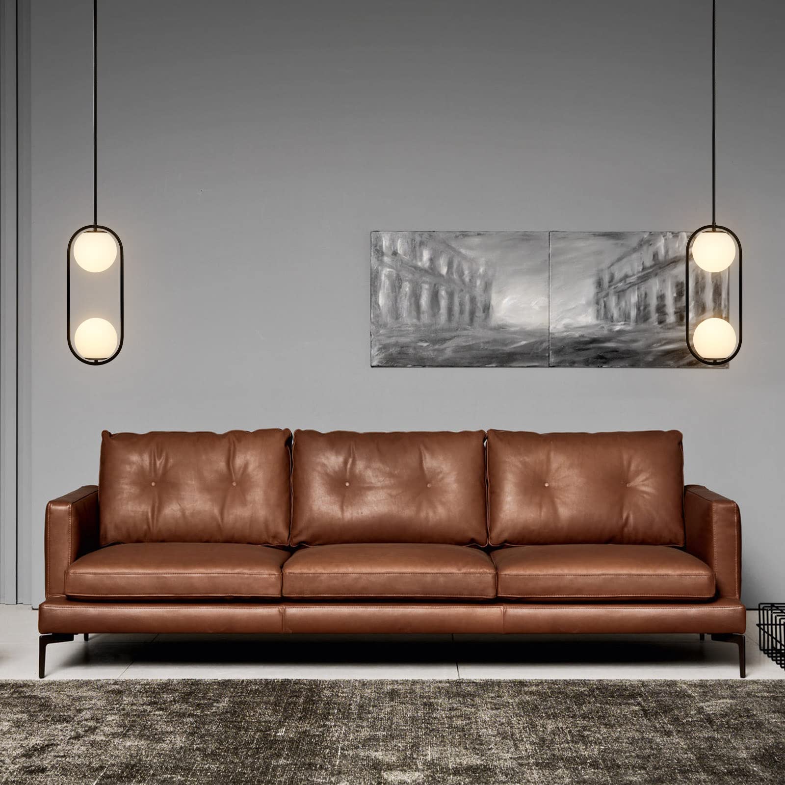 2-Lights Modern Globe Chandelier - Mid Century Pendant Light Fixture with White Glass Shades - Matte Black Ceiling Hanging Lighting for Kitchen Island, Dining Room, Bedroom - Perfect for Home Decor, Restaurant, and Office Lighting