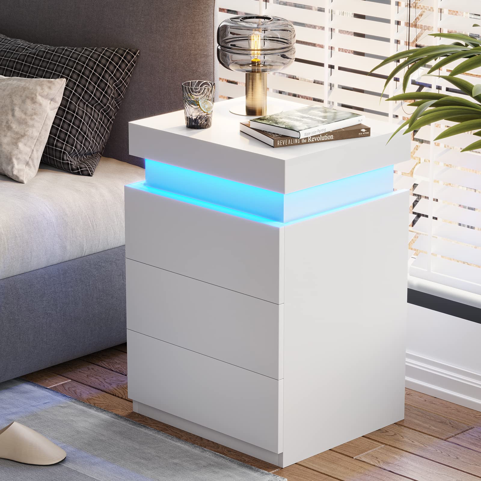 ADORNEVE Modern White Nightstand with USB Charging Station, LED Lights & Sliding Top - Bedside Table with Drawers for Bedroom - Perfect for Small Spaces, Apartment Living & Contemporary Home Decor