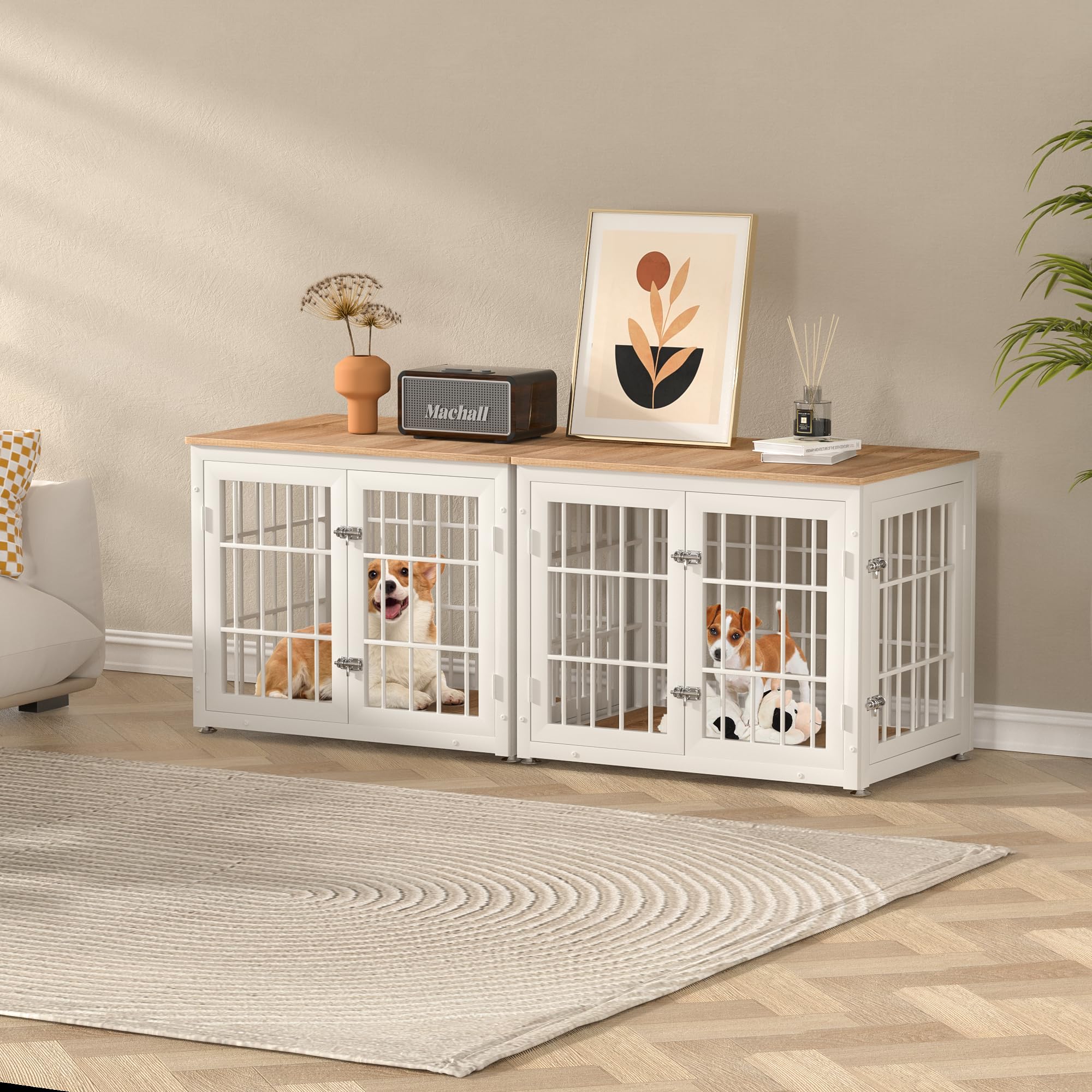 Heavy Duty Wooden Dog Crate Furniture for Small & Medium Dogs - Decorative Pet House End Table with Kennel - Indoor White & Natural Dog Cage for Living Room, Bedroom or Office