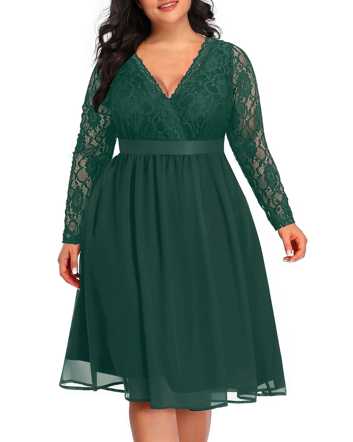 Plus Size Lace Chiffon Wrap V-Neck Cocktail Dress for Women - Elegant Wedding Guest Midi Dress - Perfect for Parties, Bridal Showers & Formal Events