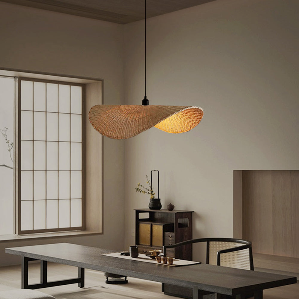 Vintage Rattan Straw Hat Pendant Light - Wabi Sabi Style Boho Ceiling Lamp for Living Room, Bedroom, or Porch Decor