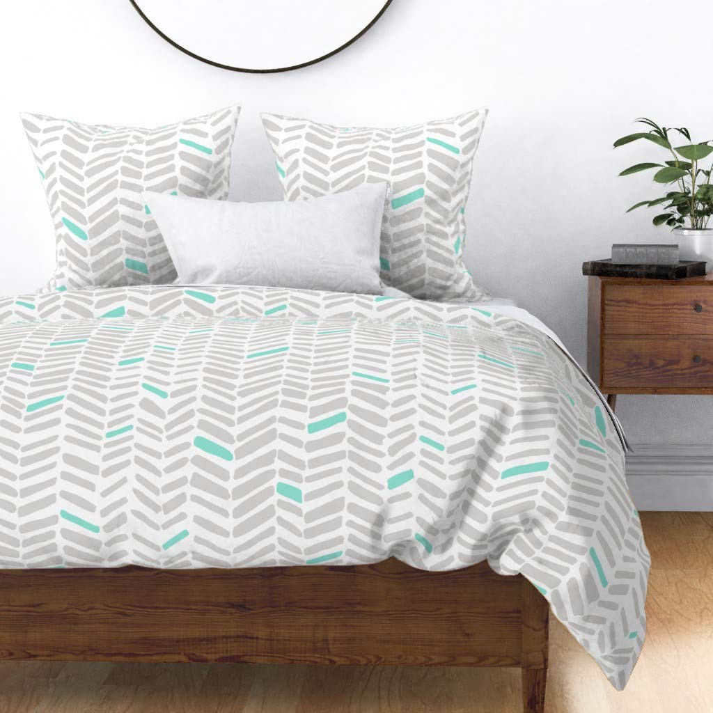 Custom Mint Geo Herringbone Chevron Gray Print Cotton Sateen Duvet Cover - Full/Queen Size | Spoonflower Premium Bedding for Modern & Boho Bedrooms
