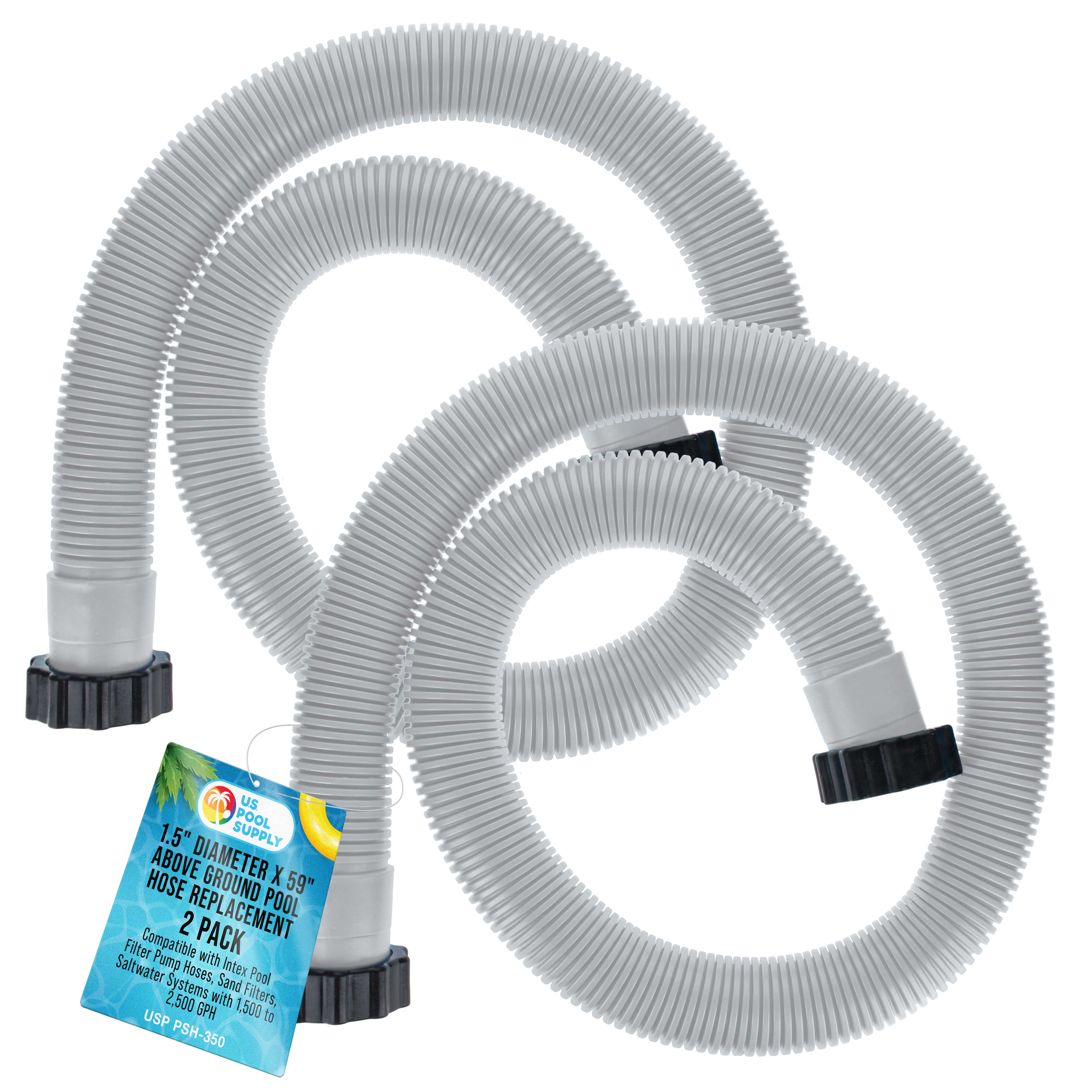Intex 29060E Compatible Above Ground Pool Hose Replacement - 1.5 Inch Diameter x 59 Inch Long (Pack of 2) for Pool Filter Pumps, Sand Filters & Saltwater Systems (1,500-2,500 GPH) - Perfect for Summer Backyard Swimming Pool Maintenance