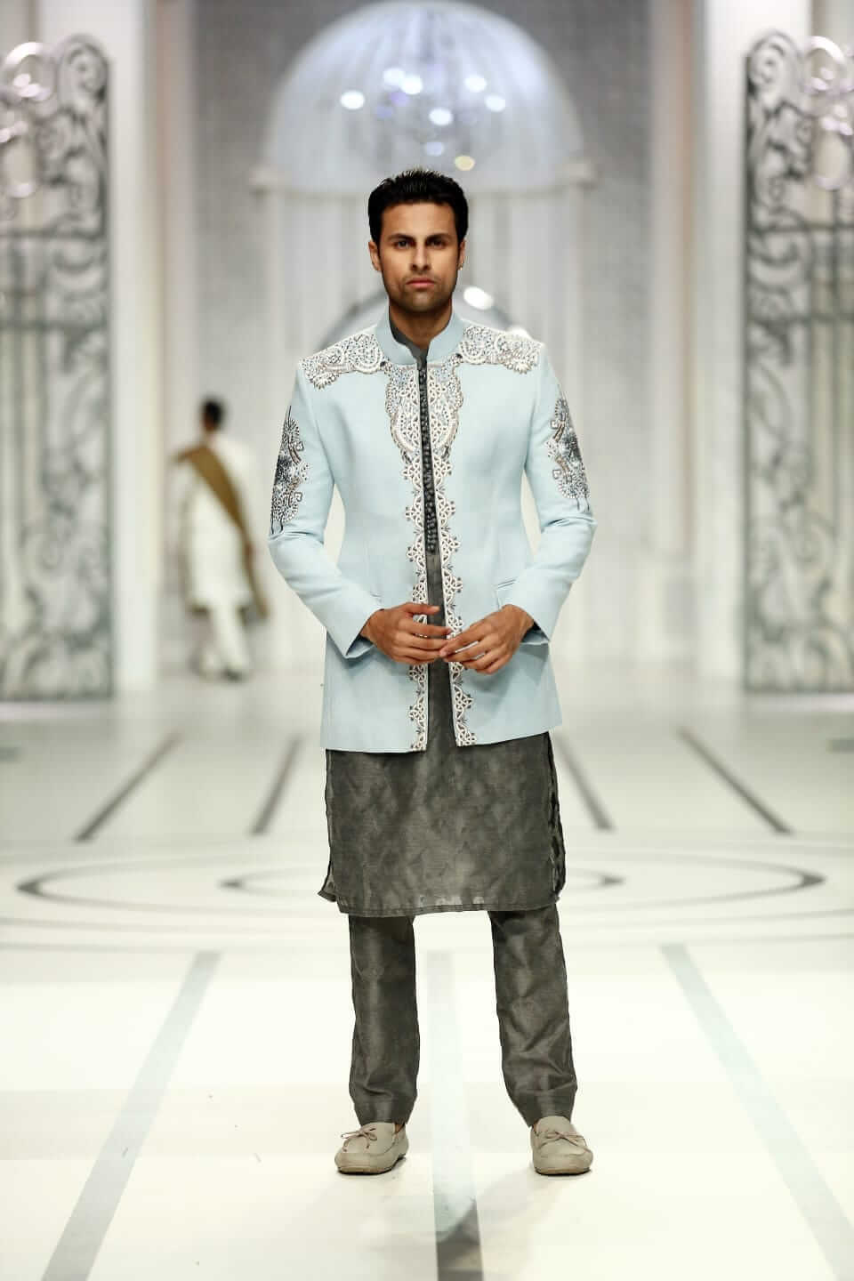 Ice Blue Embroidered Coarse Linen Prince Jacket for Men - Vintage Style Formal Blazer with Elegant Embroidery - Perfect for Weddings, Parties and Special Occasions