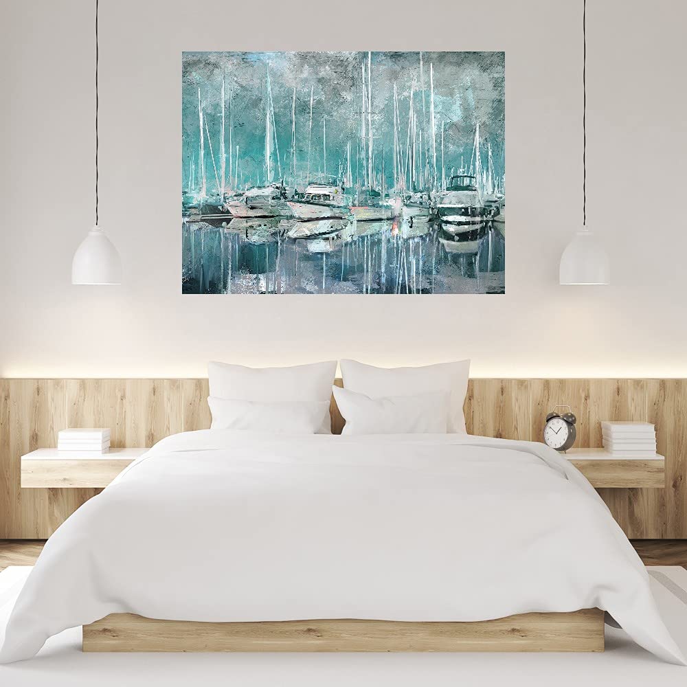 Fine Art Canvas Harbor Masts Wall Decor - Hand Painted Nautical Painting for Living Room, Bedroom, Office - Ready to Hang 32x24 Inches - Perfect for Coastal & Beach House Decor