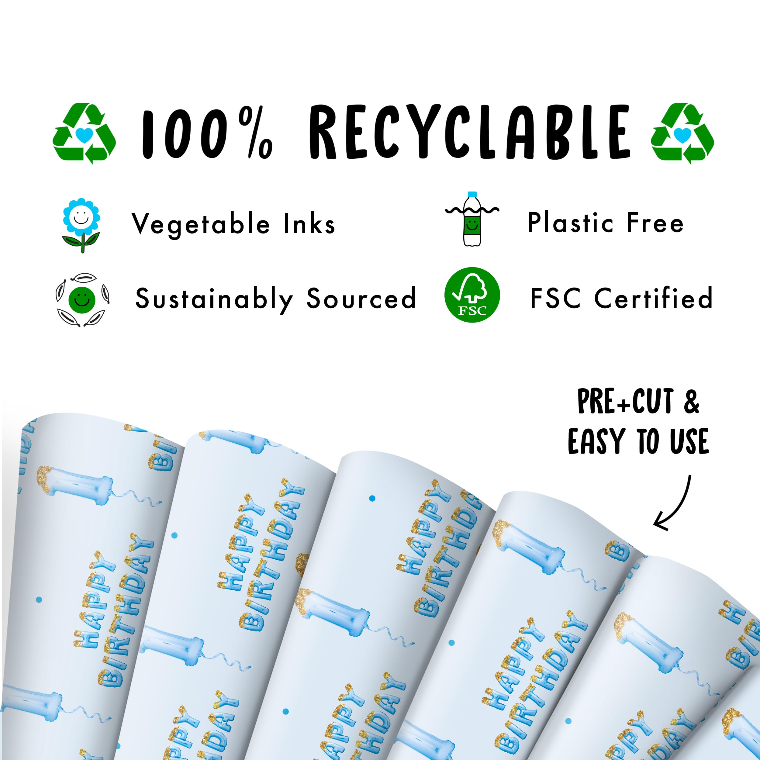 1st Birthday Wrapping Paper for Boys - 6 Sheets Blue Recyclable Gift Wrap with Stickers | Perfect for Baby's First Birthday Parties, Baby Showers & Special Occasions