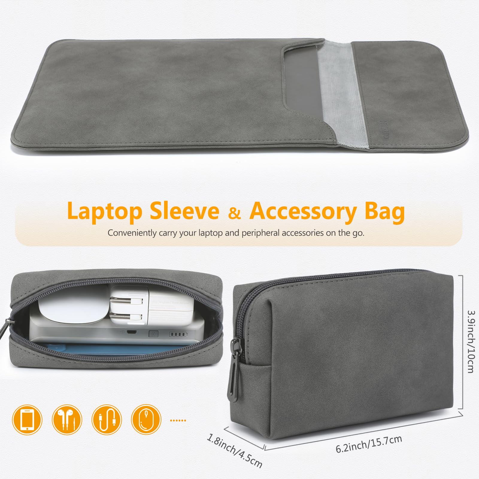 HYZUO 15-16 Inch Laptop Sleeve for MacBook Pro 16 M4/M3/M2/M1 Pro/Max (2025-2019), MacBook Pro 15 (2015-2012), Dell XPS 15 - Premium Faux Suede Leather Protective Case with Accessory Bag (Dark Grey) - Perfect for Work, Travel & School