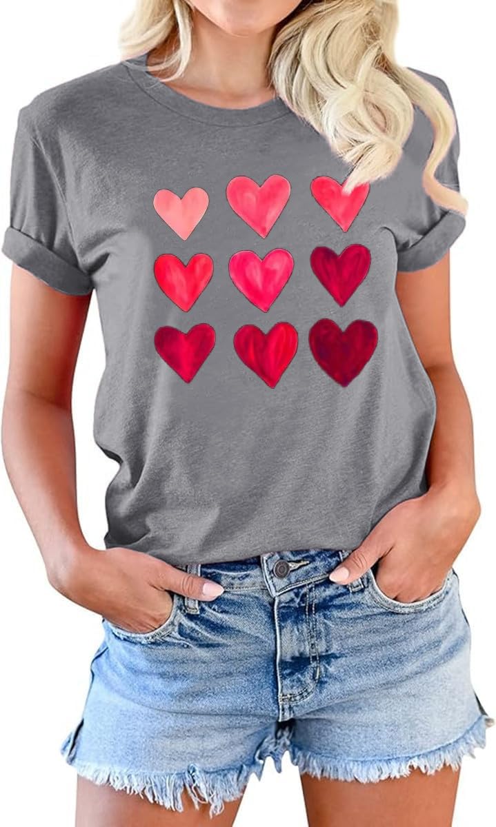 Valentine's Day Women's Graphic T-Shirt - Heart Print Short Sleeve Blouse Top for Wife, Girlfriend - Perfect for Date Night, Anniversary Gifts & Casual Wear