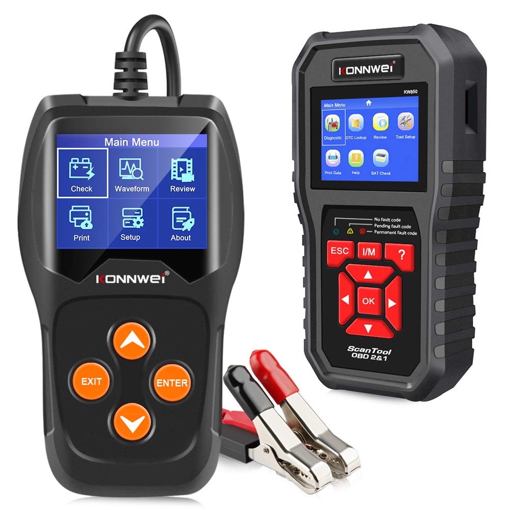 KONNWEI KW600 Car Battery Tester & KW850 OBD2 Scanner Combo - Professional Automotive Diagnostic Tool for Battery Health Check & Engine Fault Code Reading - Perfect for Mechanics & DIY Car Maintenance