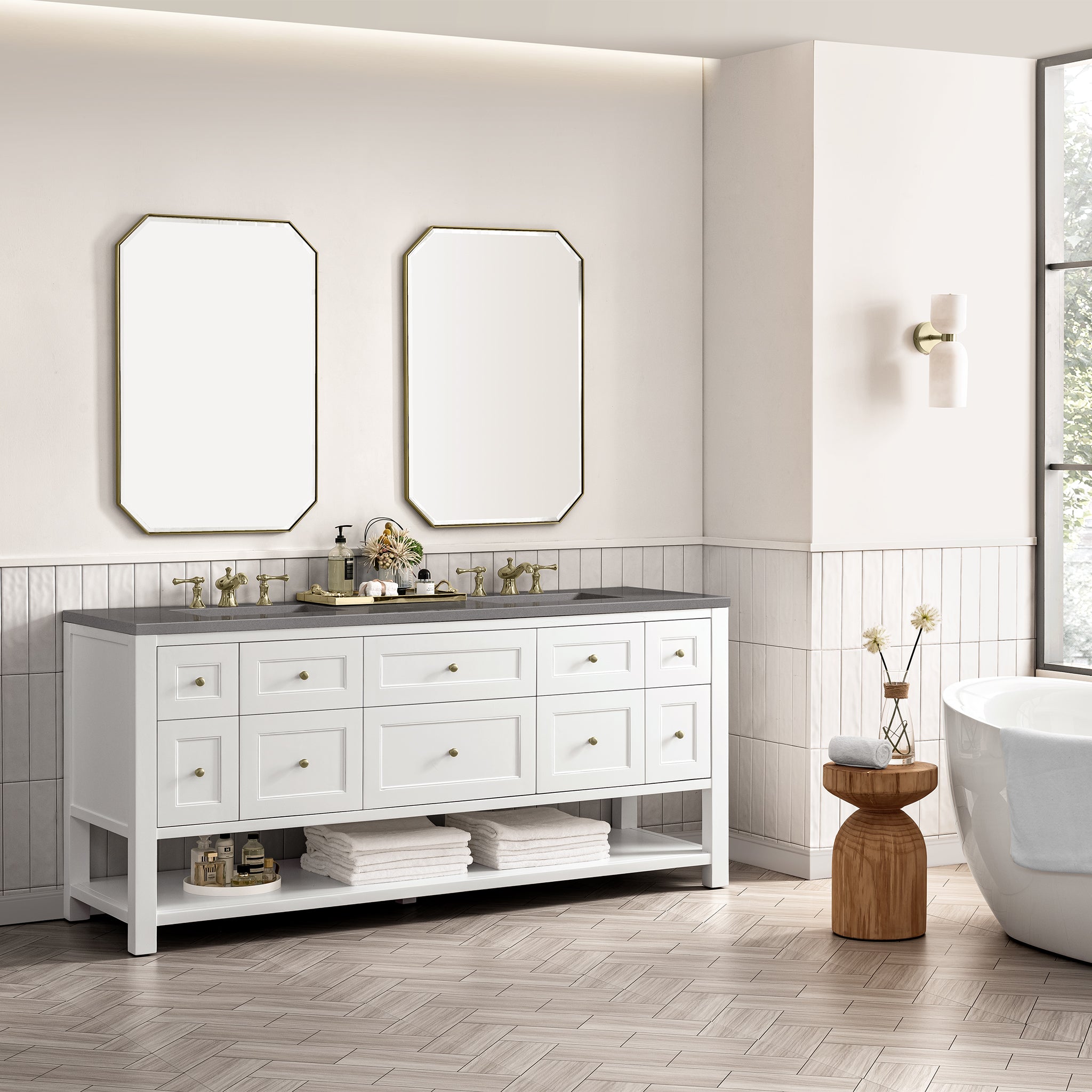 Breckenridge 72-Inch Double Vanity with Bright White Finish & 3CM Grey Expo Top - Perfect for Modern Bathroom Renovations & Master Suite Upgrades