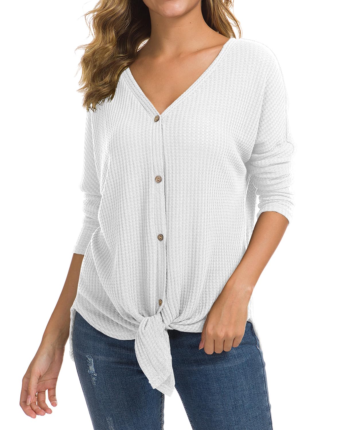 IWOLLENCE Women's Waffle Knit Tunic Blouse - Tie Knot Henley Tops, Loose Fit Batwing Sleeve Casual Shirt for Women | Perfect for Work, Date Night & Everyday Wear