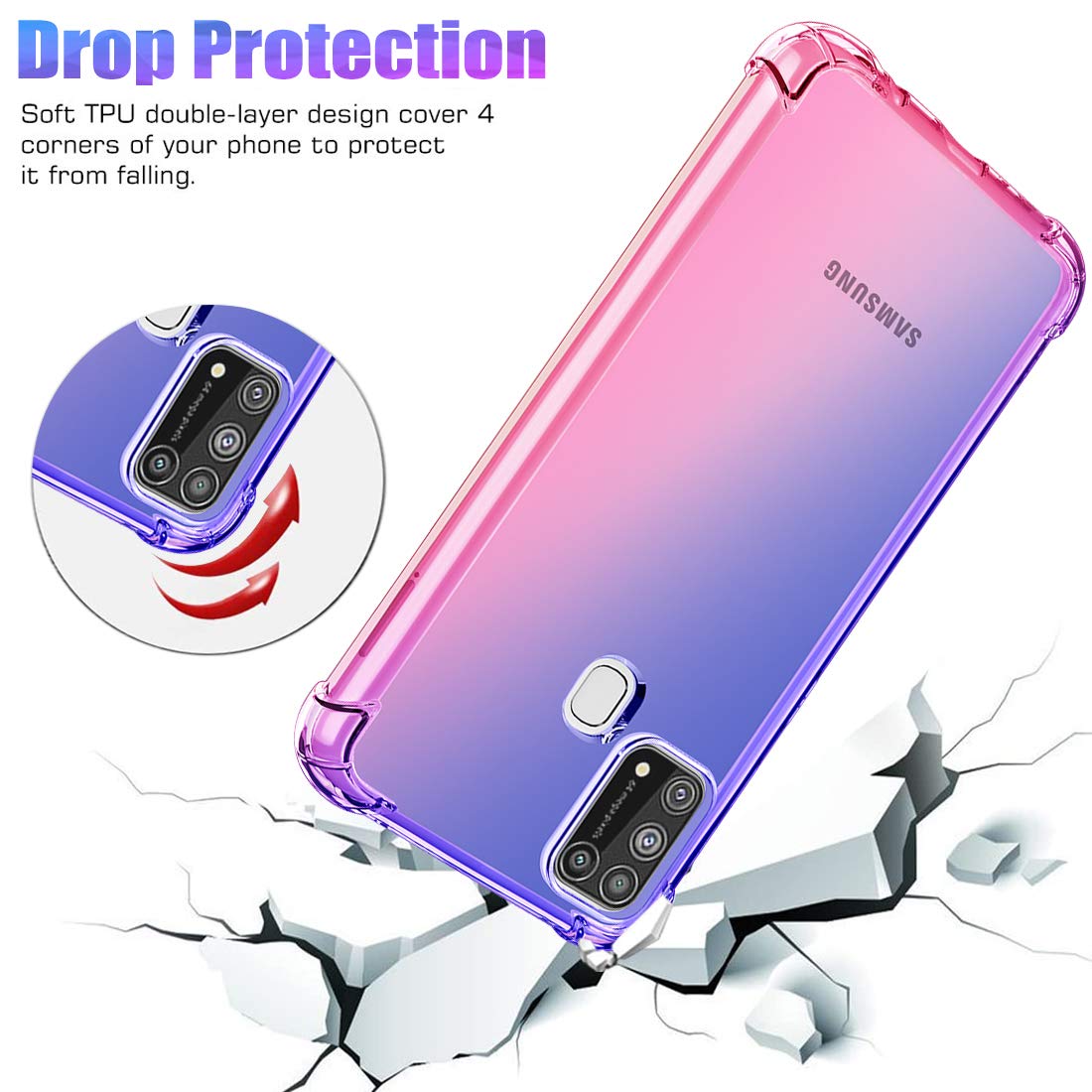 Samsung Galaxy M31 Case - Cute Gradient Slim Clear TPU Phone Cover with Anti-Scratch & Shockproof Protection (Blue/Pink) - Perfect for Everyday Use, Travel & Outdoor Activities