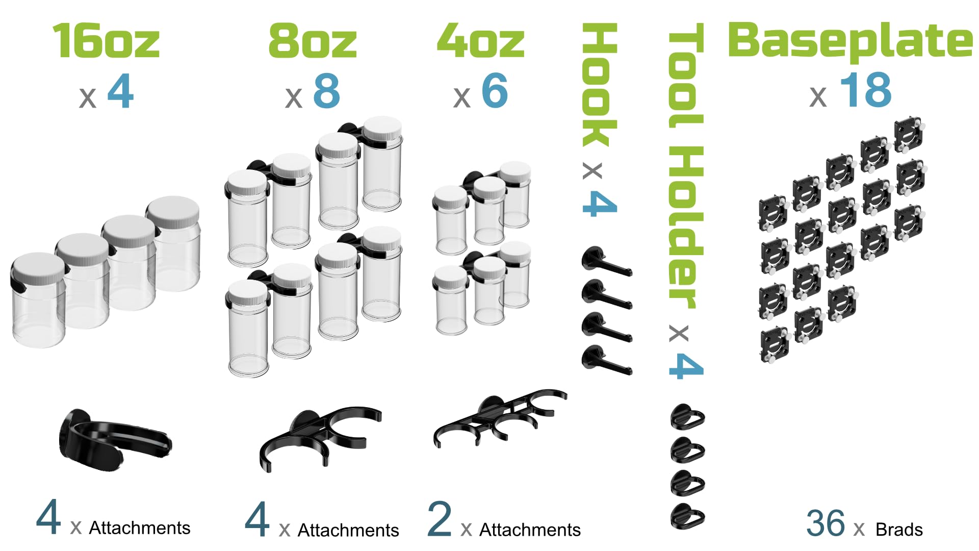 18-Piece Storage and Organization Kit - Quick Install Wall-Mounted Hooks, Tool Holders & 16oz/8oz/4oz Jars - Perfect for Garage, Kitchen, Bathroom & Workshop Organization