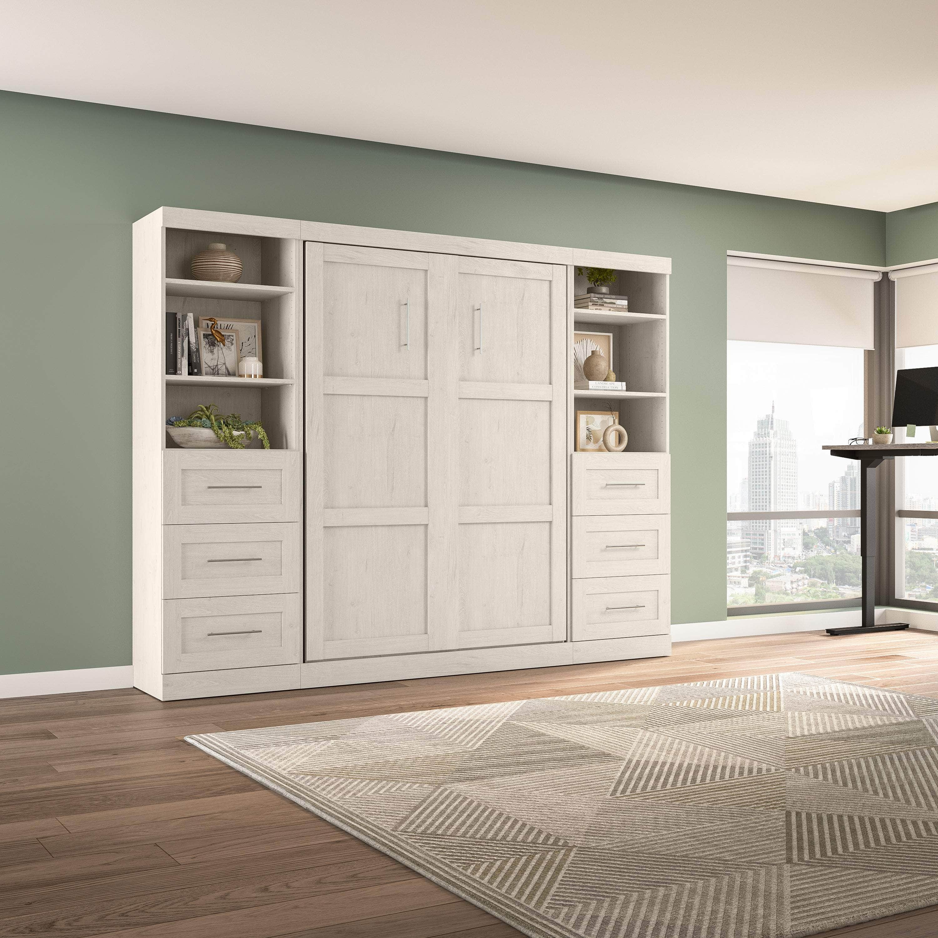 Pur Full Murphy Wall Bed with 2 Storage Units & Drawers (109W) - 7 Color Options for Space-Saving Home Office, Guest Room & Small Apartments