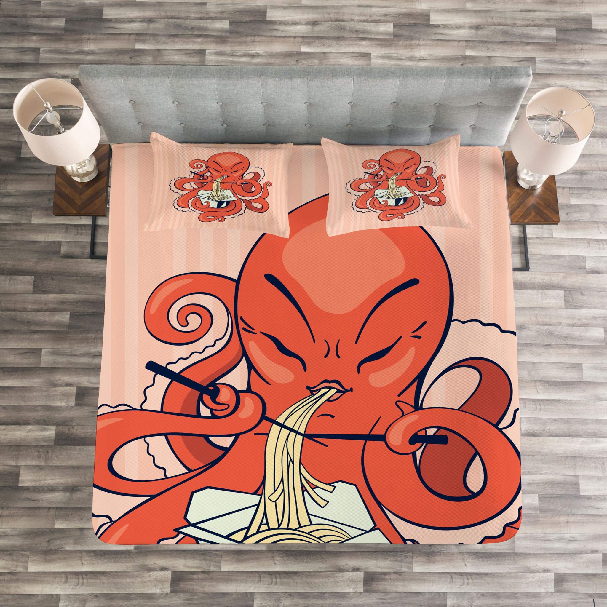 Lunarable King Size Octopus Bedspread Set - 3 Piece Quilted Coverlet with 2 Pillow Shams | Cartoon Octopus Eating Noodles with Chopsticks Retro Design in Orange & Pink | Perfect for Kids' Rooms, Beach Themed Decor, and Unique Gift Ideas