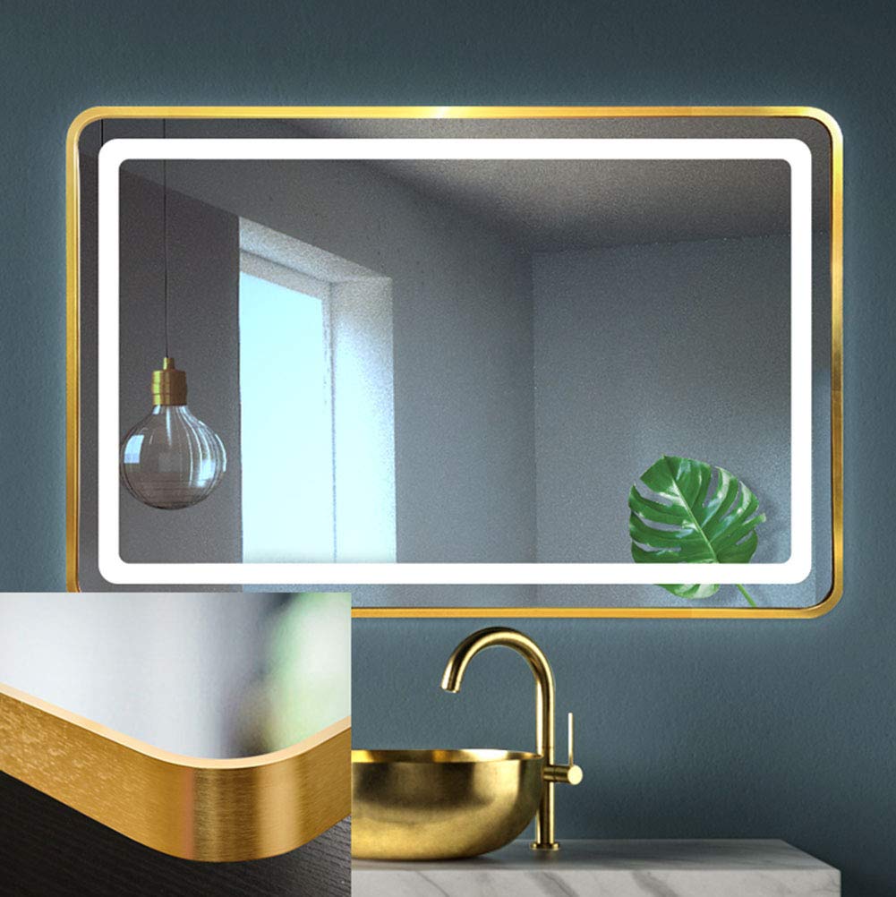 Premium Gold LED Bathroom Mirror - Large Rectangular Wall Mounted Vanity Mirror with Adjustable Lighting, Explosion Proof & Anti-Rust Metal Frame - Perfect for Makeup, Shaving & Home Decor