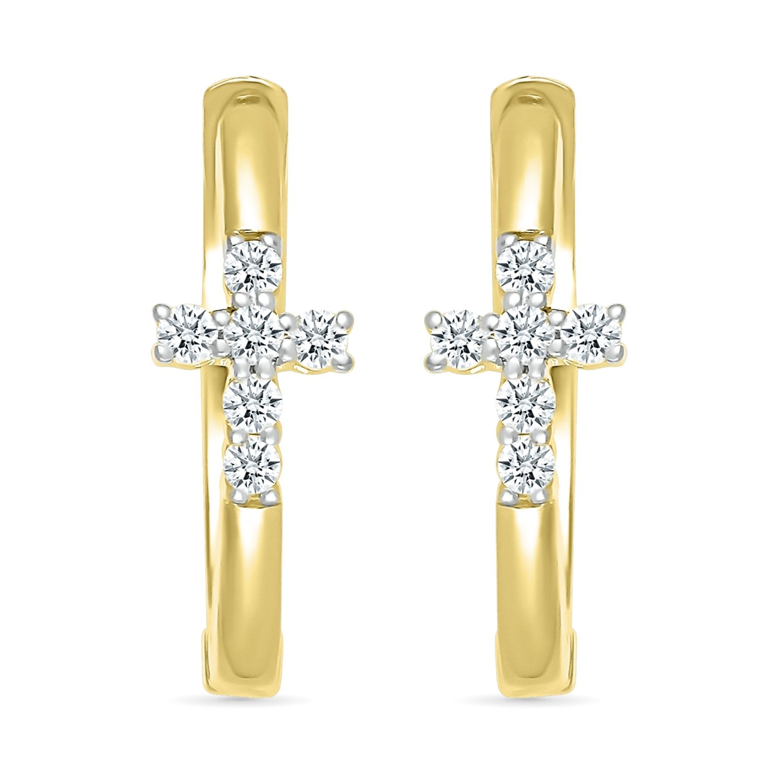 10k Yellow Gold Diamond Cross Hoop Earrings for Women - Elegant Religious Jewelry Gift for Christmas, Baptism & Everyday Wear