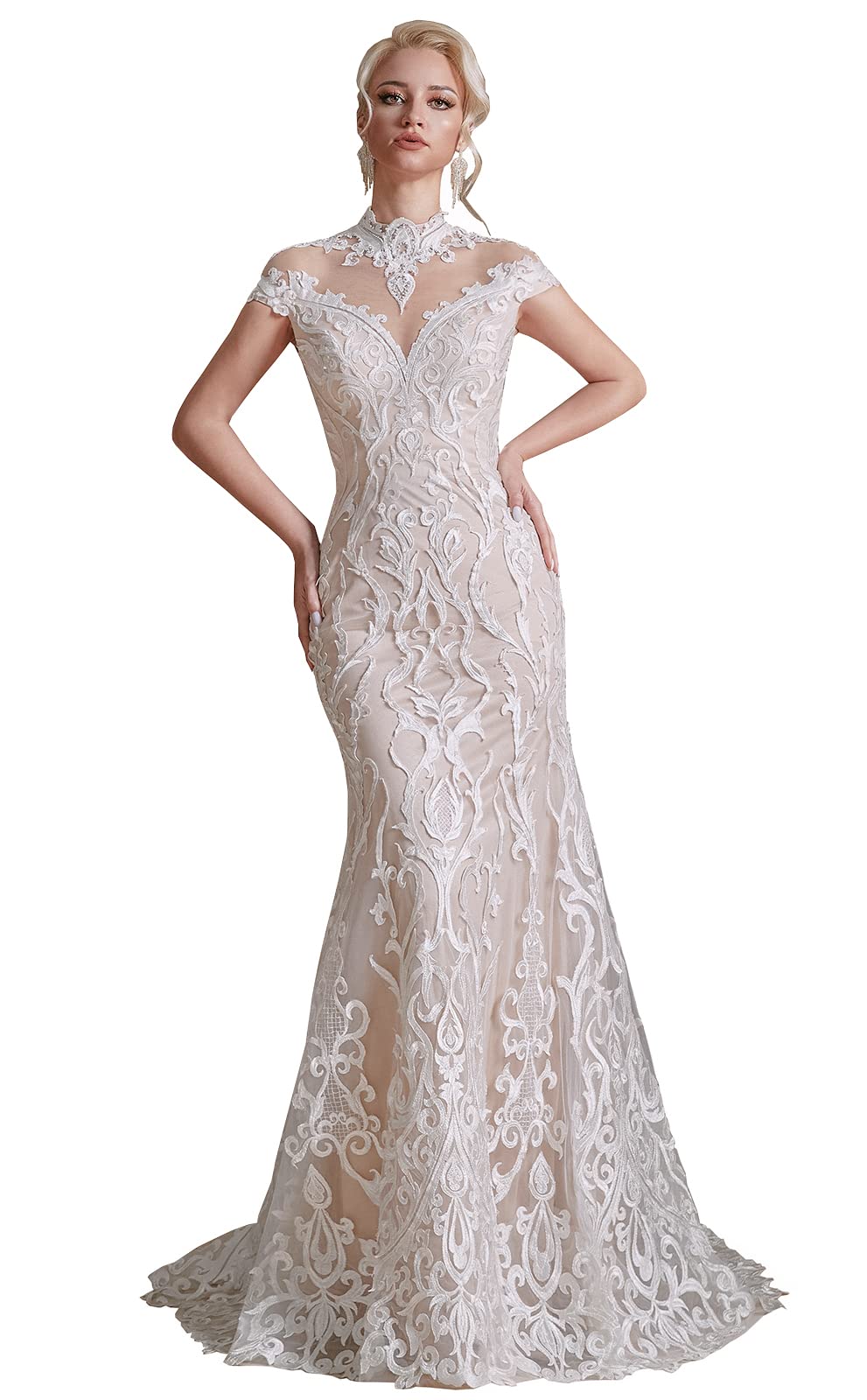 Ikerenwedding Women's Elegant Capped Sleeve Beaded Lace Applique Mermaid Tulle Wedding Dress - Perfect for Beach, Church, and Formal Wedding Ceremonies