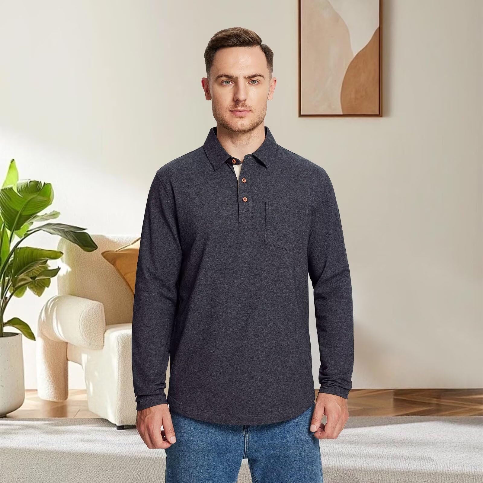 Men's Long & Short Sleeve Polo Shirts - Casual Cotton Blend with Pocket & Drop Cut Collar - Breathable Comfort for Golf, Office & Everyday Wear