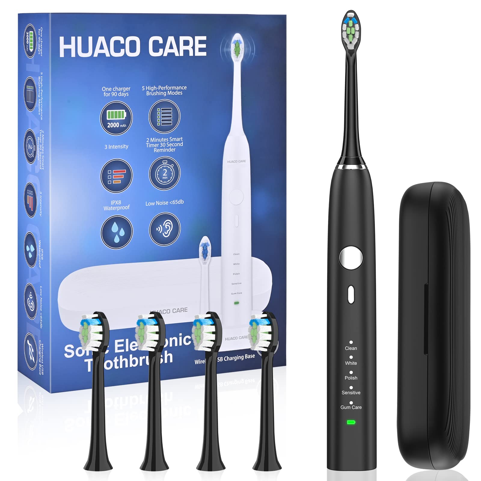 Sonic Electric Toothbrush for Adults & Kids - 5 Cleaning Modes, 3 Intensity Levels with 2-Minute Timer - 90-Day Battery Life & Wireless Charging - Includes 4 Replacement Brush Heads (Black) - Perfect for Travel, Home & Family Oral Care