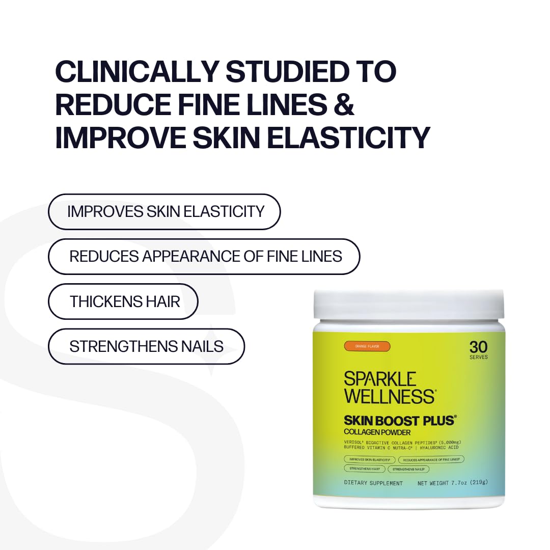 Sparkle Wellness Skin Boost Plus Verisol Collagen Peptides Protein Powder with Vitamin C - Orange Flavor Dietary Supplement (7.7 oz) for Glowing Skin & Joint Support | Perfect for Smoothies & Morning Routines