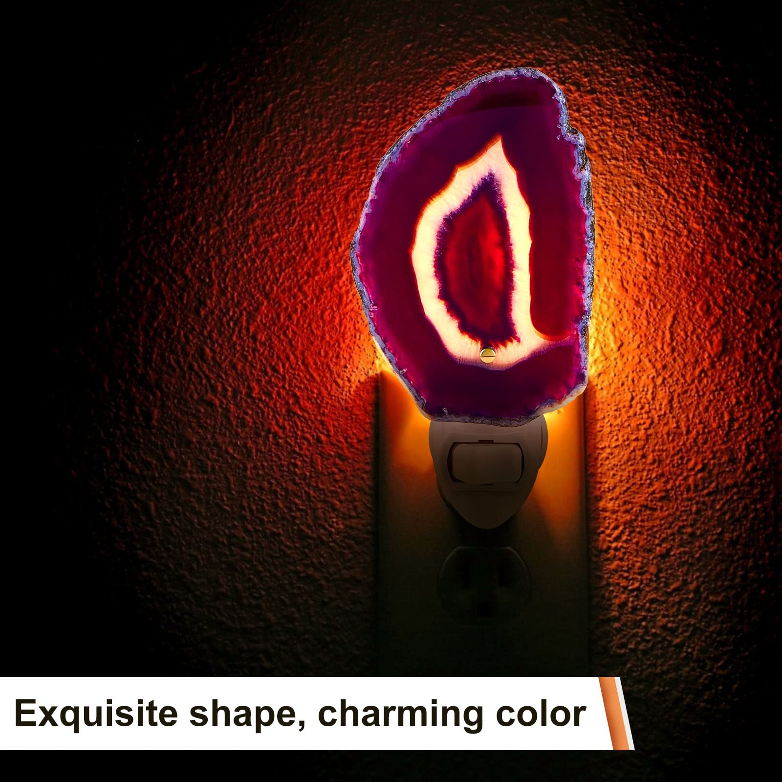 Funtery 2-Pack Agate Slice Night Light - Plug-in Crystal LED Lamp with On/Off Switch for Hallway, Stairway, Bedroom, Kitchen & Bathroom - Blue Purple Agate Stone Decor for Home & Office
