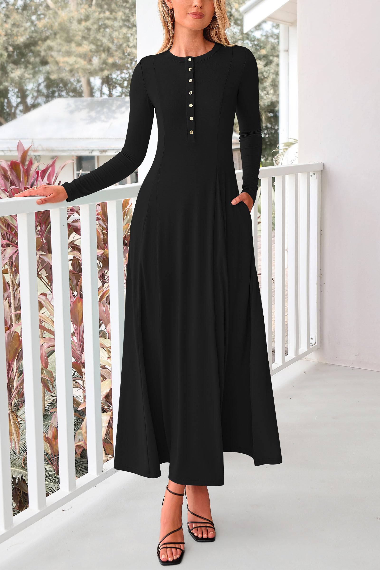 PRETTYGARDEN Women's Casual Maxi Dress 2025 - Spring Fashion Long Sleeve Button Down Fit & Flare Flowy Dress for Everyday Wear, Date Night & Vacation