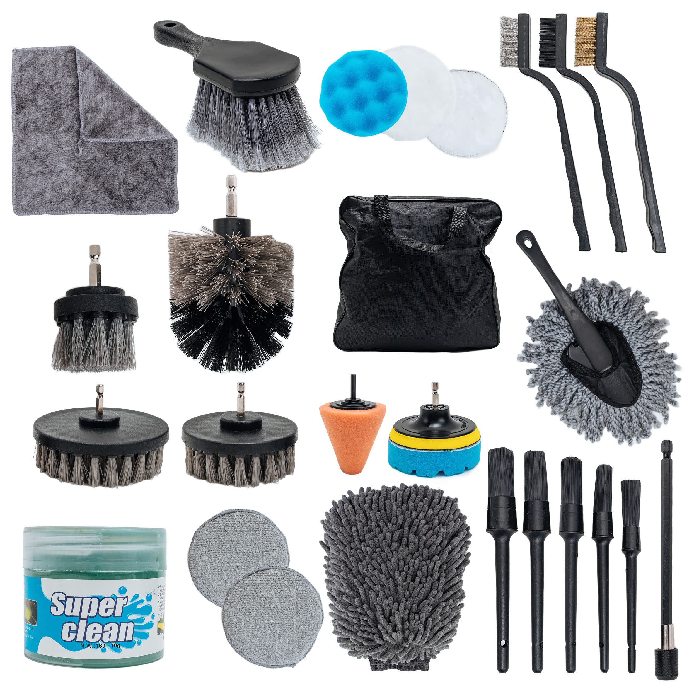 27-Piece Car Detailing Kit with Drill Brush, Soft Brushes & Chrome Polishing Tools - Complete Car Cleaning Supplies for Interior & Exterior - Perfect for DIY Car Wash, Auto Detailing & Vehicle Maintenance