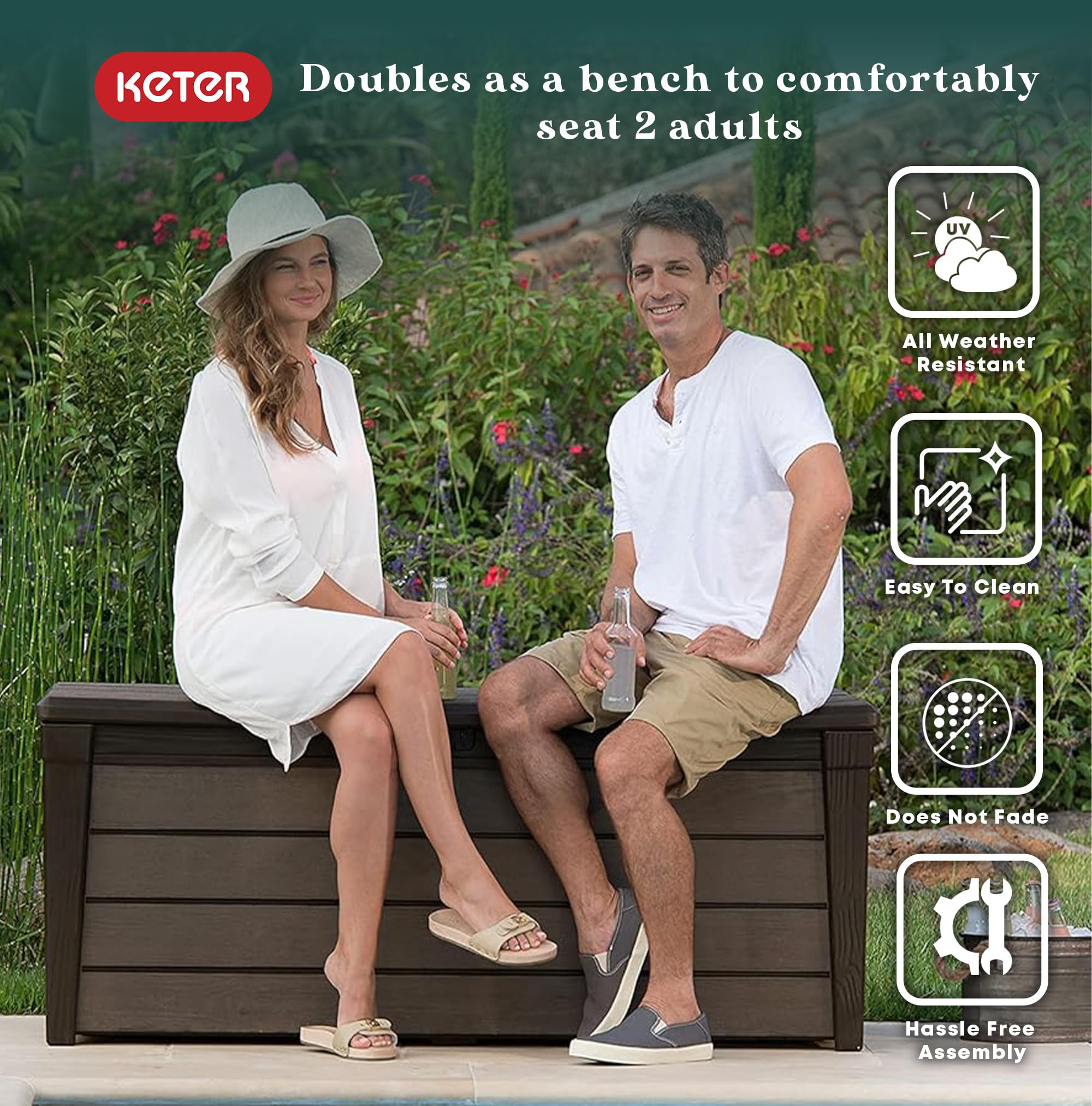 Keter 120-Gallon Outdoor Storage Deck Box - Lockable Waterproof Plastic Container Bench for Patio, Backyard & Garden | Weatherproof Organizing Solution for Cushions, Toys & Gardening Tools (Brown Brushwood Design)