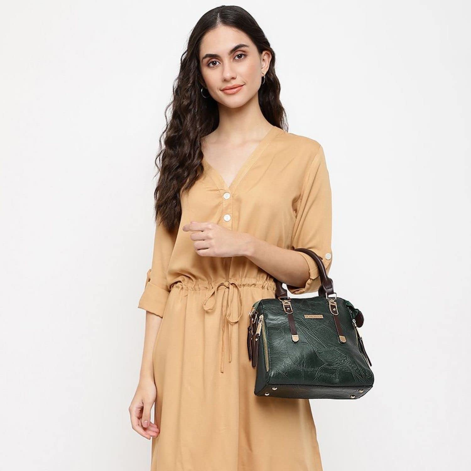 Stylish Women's Leather Tote Shoulder Bag with Tassel - Green & Brown Crossbody Handbag for Work, Travel & Everyday Use | Fashionable Satchel Purse with Handle