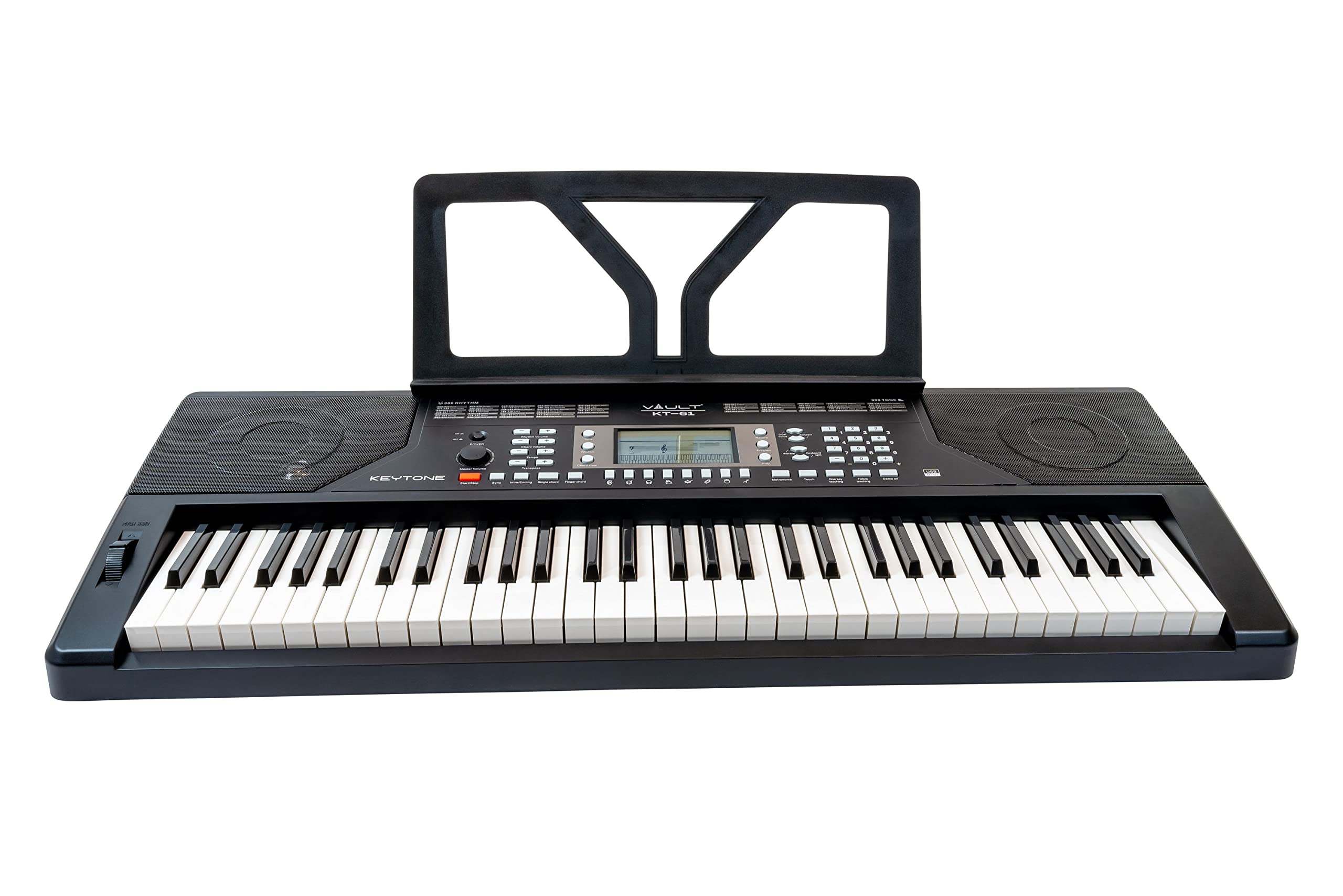 Vault KT-61 Touch Sensitive 61-Key Electronic Keyboard with Adjustable Stand - Black | Beginner Piano Keyboard Bundle Includes Keyboard Stickers, Instructional DVD & Polishing Cloth | Perfect for Home Practice, Music Lessons & Studio Recording