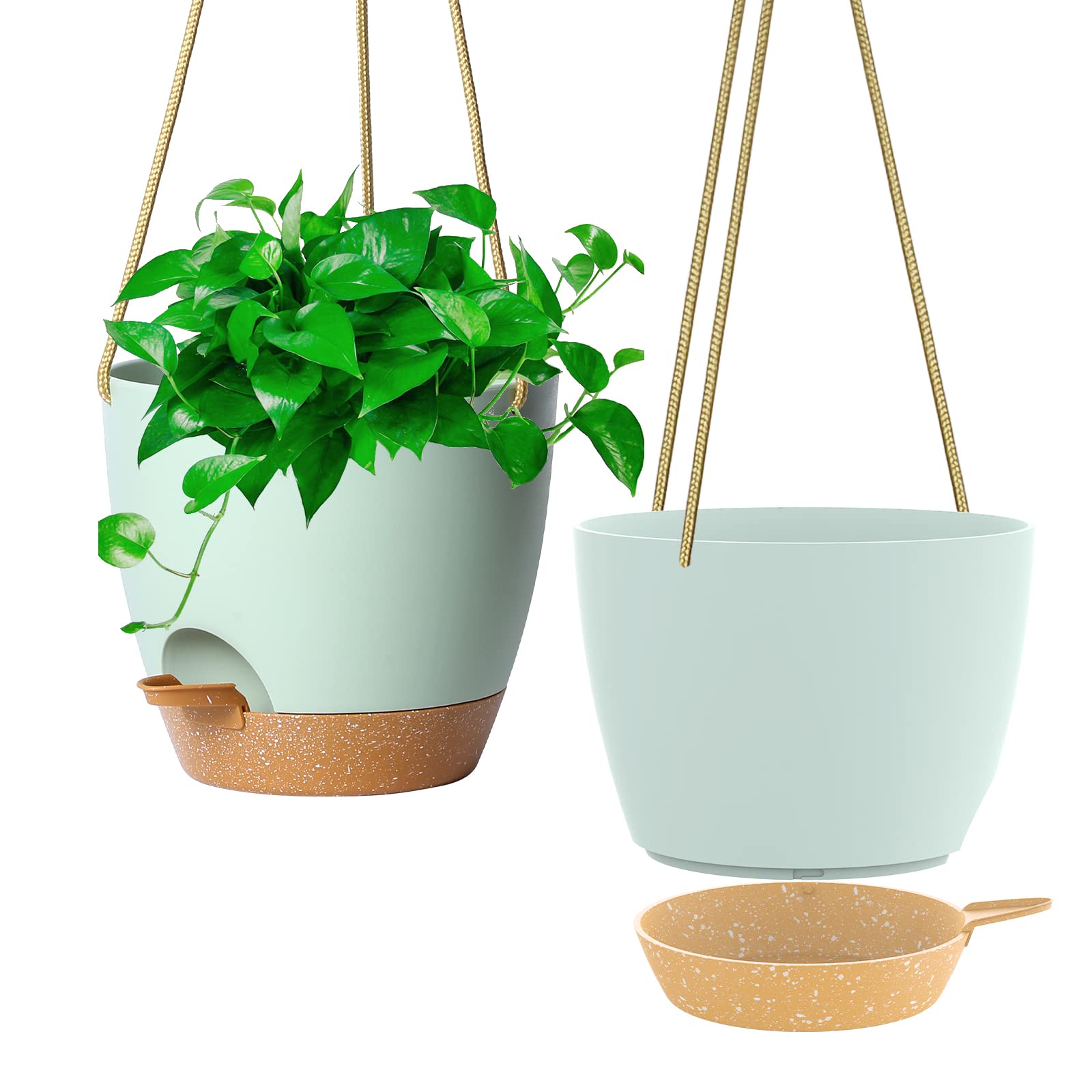 2 Pack 8 Inch Self-Watering Hanging Planters - Plastic Flower Pots with Drainage Holes & Removable Saucer for Indoor Outdoor Plants - Perfect for Garden, Patio, Balcony and Home Decor (Green)