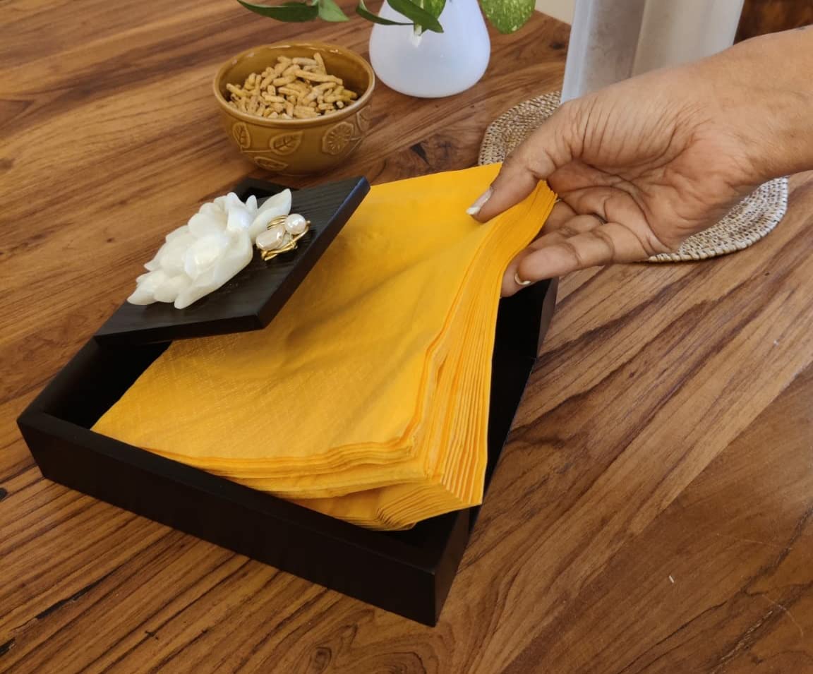 Wooden MDF Flat Napkin Holder for Dining Table - Weighted Flap Cocktail Tissue Paper Stand, Stylish Lotus Design for Home, Restaurant & Party Decor