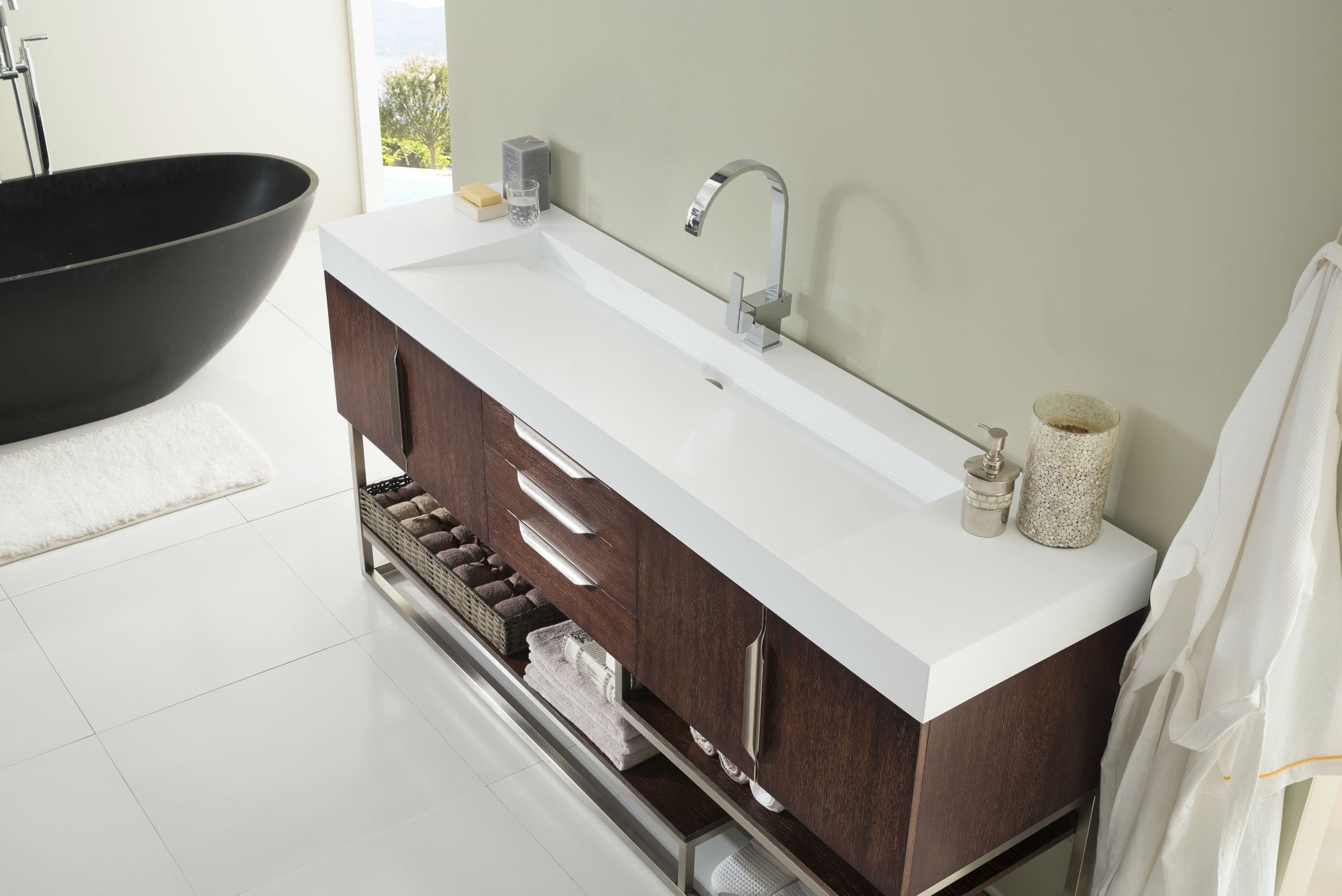 Columbia 72 Single Vanity with Glossy White Composite Top - Coffee Oak Bathroom Vanity for Modern Homes | Perfect for Master Bath, Guest Bath & Powder Room Makeovers