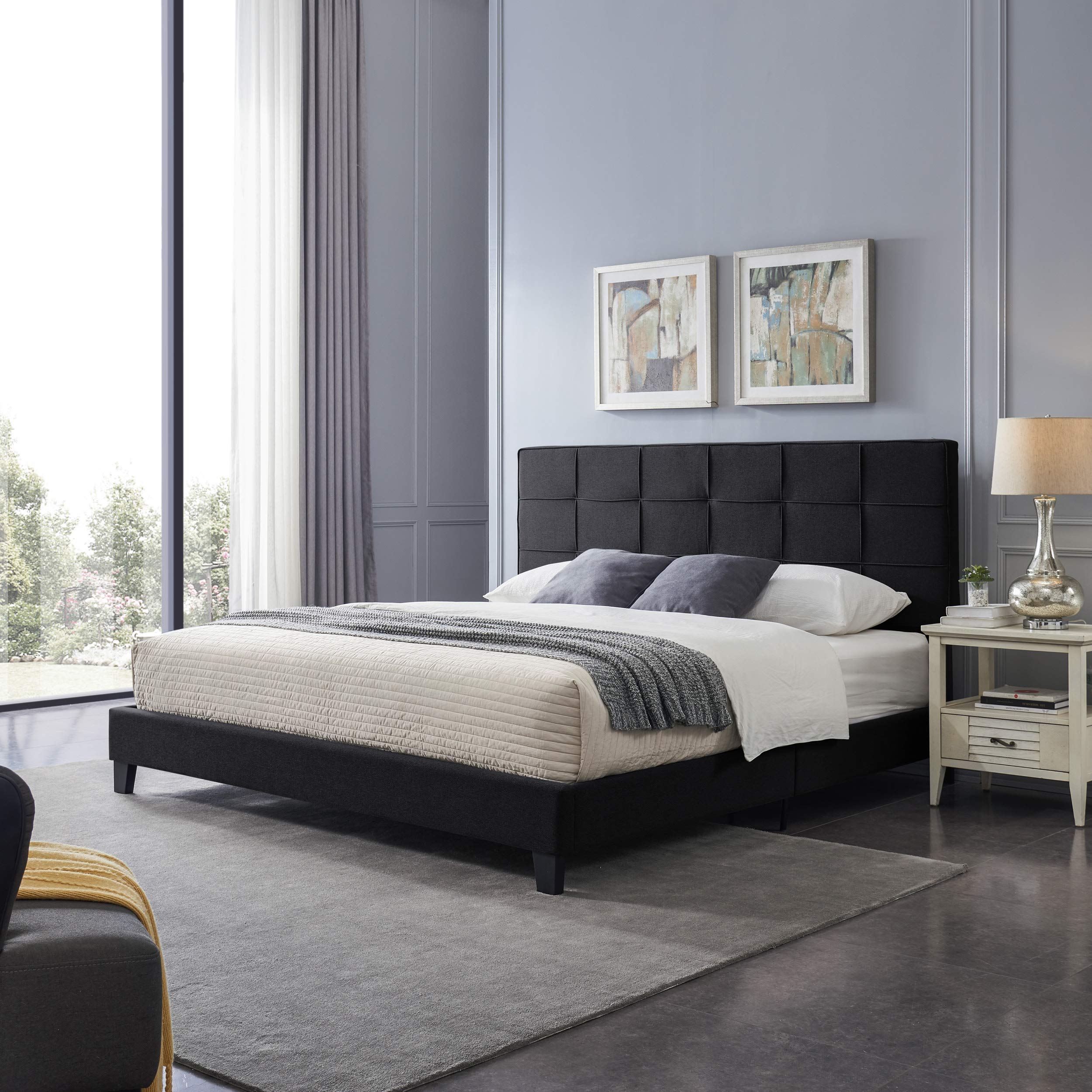 GDFStudio Contemporary Upholstered King Bed Frame with Platform - Black Upholstery | Modern Bedroom Furniture for Master Suite, Guest Room & Apartment