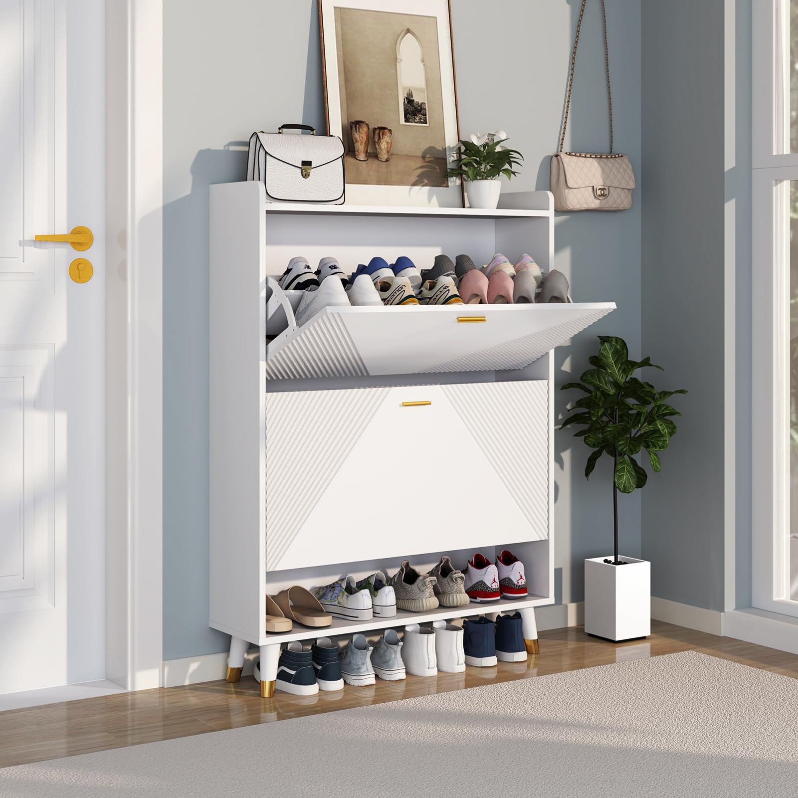 White Slim Wooden Shoe Storage Cabinet with 2 Flip Drawers - Freestanding Shoe Organizer with Cubby & Shelf for 24 Pairs - Perfect for Entryway, Hallway, Closet or Bedroom Organization
