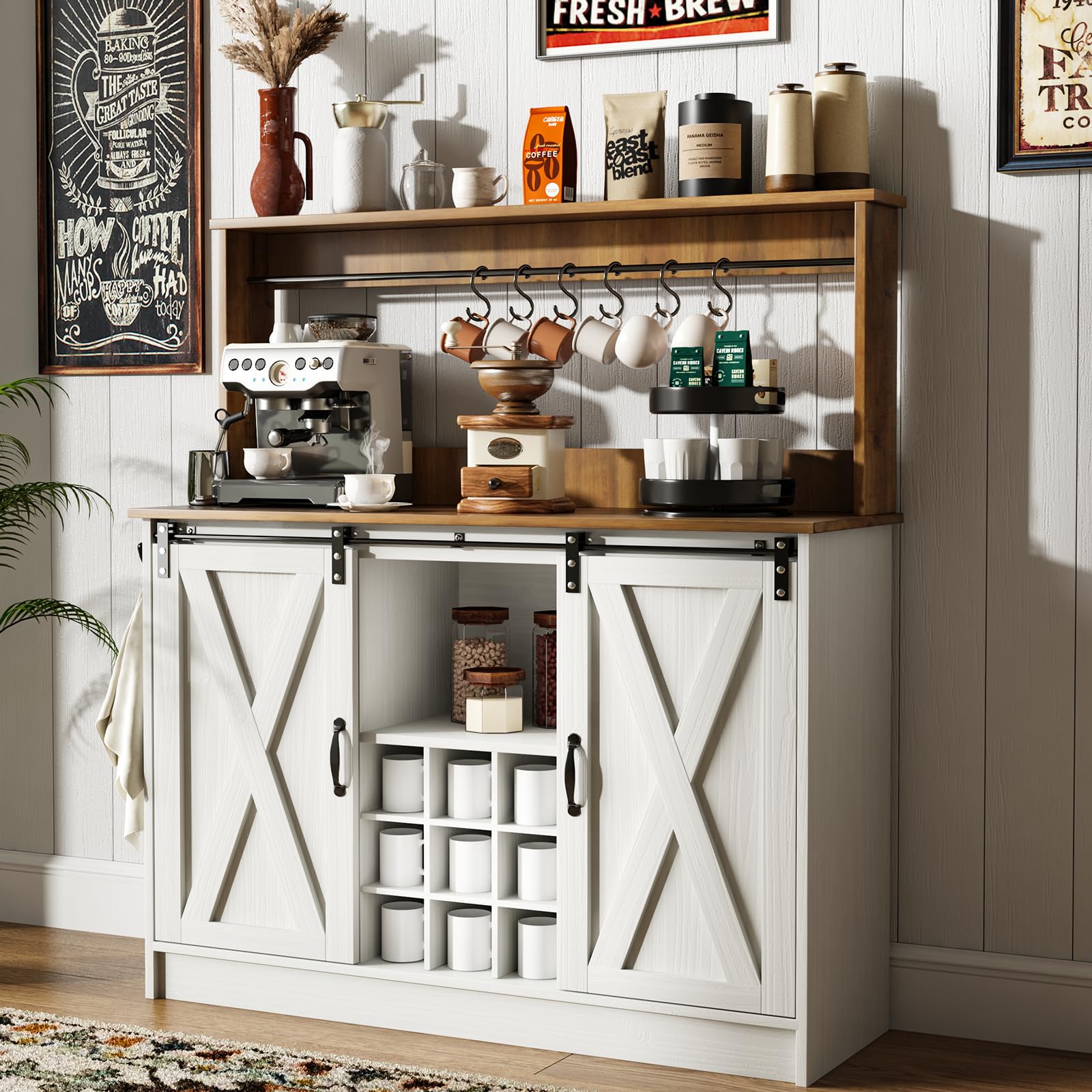Farmhouse Coffee Bar Cabinet with 6 Hooks & 9 Wine Racks - 47