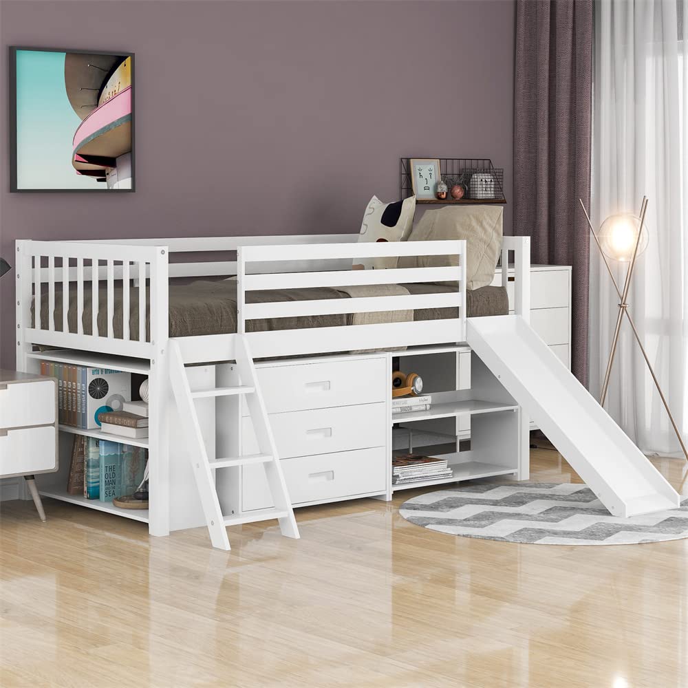 Solid Wood Twin Size Low Loft Bed with Slide, Storage & Bookcases - 3-Tier Drawers, Full-Length Guardrail & Ladder - No Box Spring Needed - White - Perfect for Kids' Bedrooms, Small Spaces & Playrooms